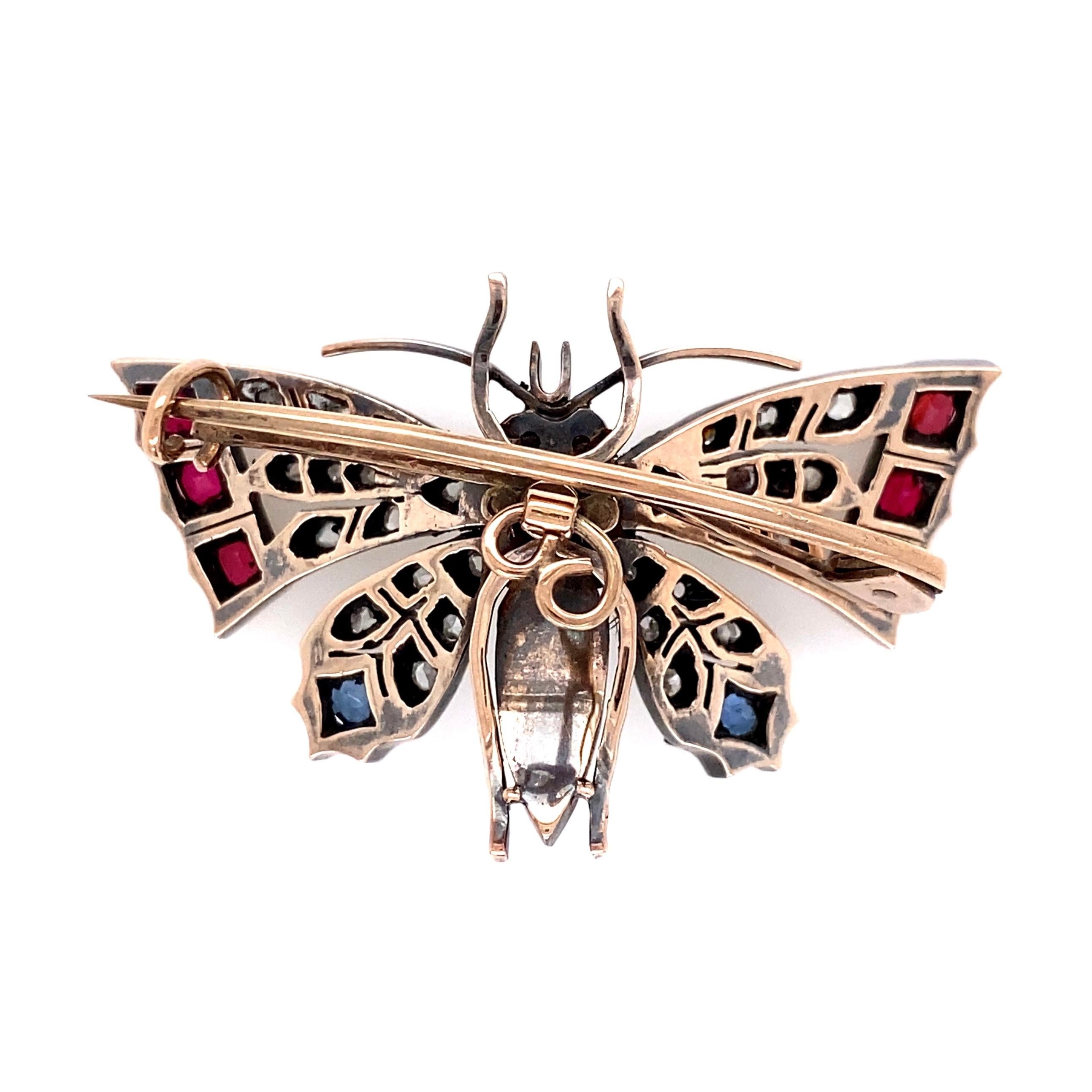 Modernist Sapphires Pearls Rubies and Diamonds Silver on Gold Butterfly Brooch Pin