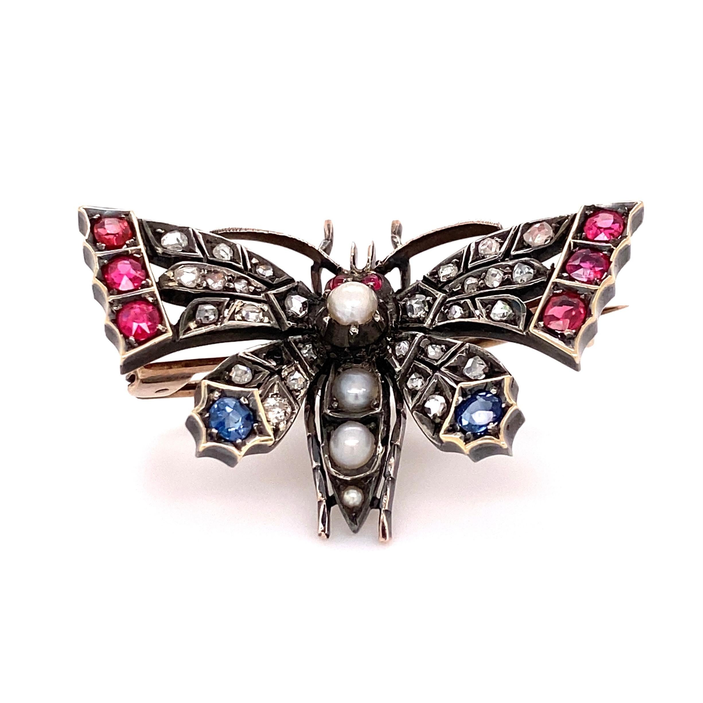 Mixed Cut Sapphires Pearls Rubies and Diamonds Silver on Gold Butterfly Brooch Pin