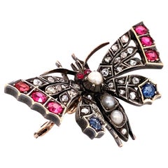 Retro Sapphires Pearls Rubies and Diamonds Silver on Gold Butterfly Brooch Pin
