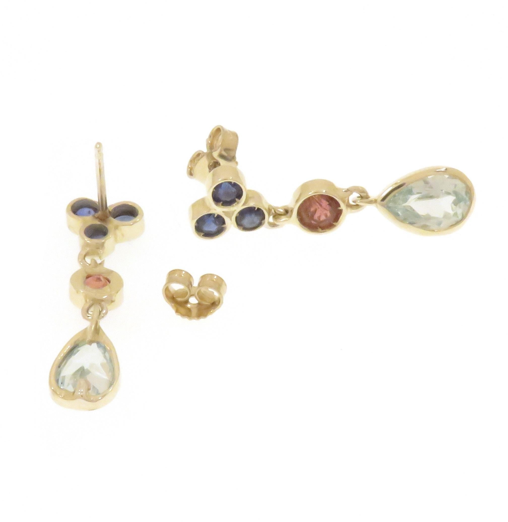 Contemporary Sapphires Pink Tourmaline Blue Topaz 9 Karat White Gold Drop Earrings For Sale