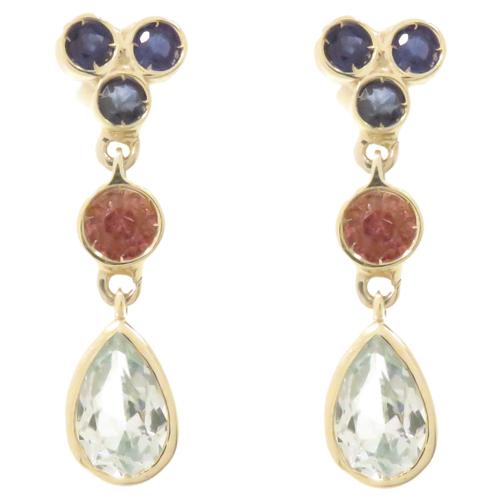 Sapphires Pink Tourmaline Blue Topaz 9 Karat White Gold Drop Earrings For Sale