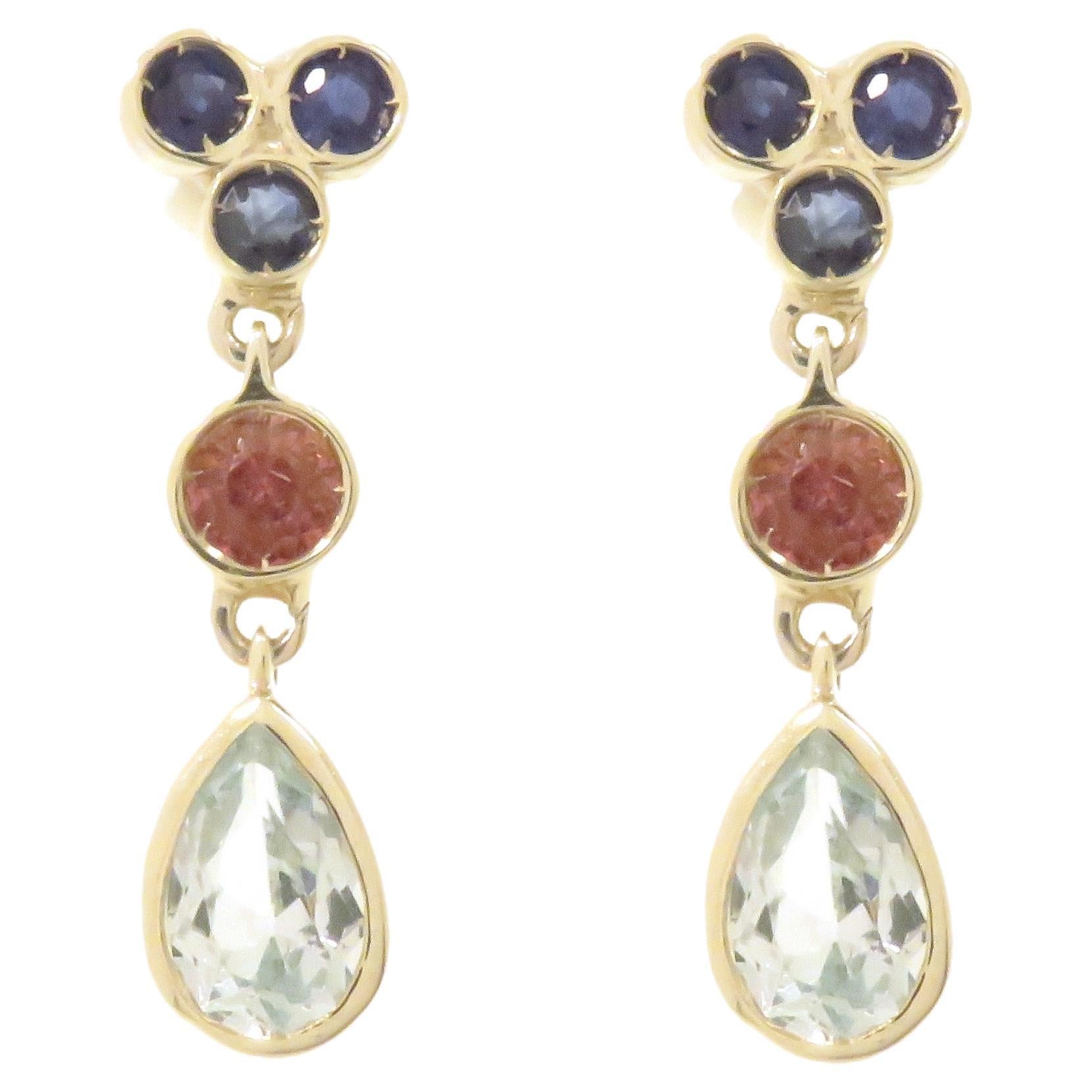 Sapphires Pink Tourmaline Blue Topaz 9 Karat White Gold Drop Earrings