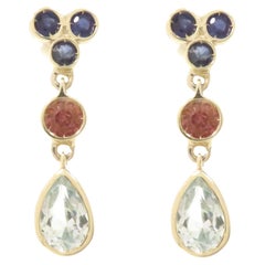 Sapphires Pink Tourmaline Blue Topaz 9 Karat White Gold Drop Earrings