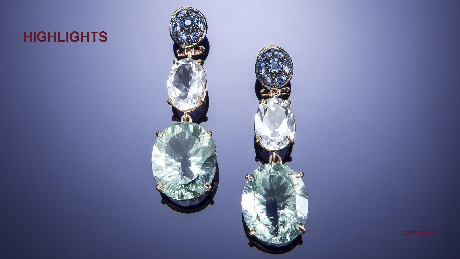 Brilliant Cut Sapphires Rock Cristal Fluorite Rose 18 Karat Gold Earrings Handcraft in Italy For Sale