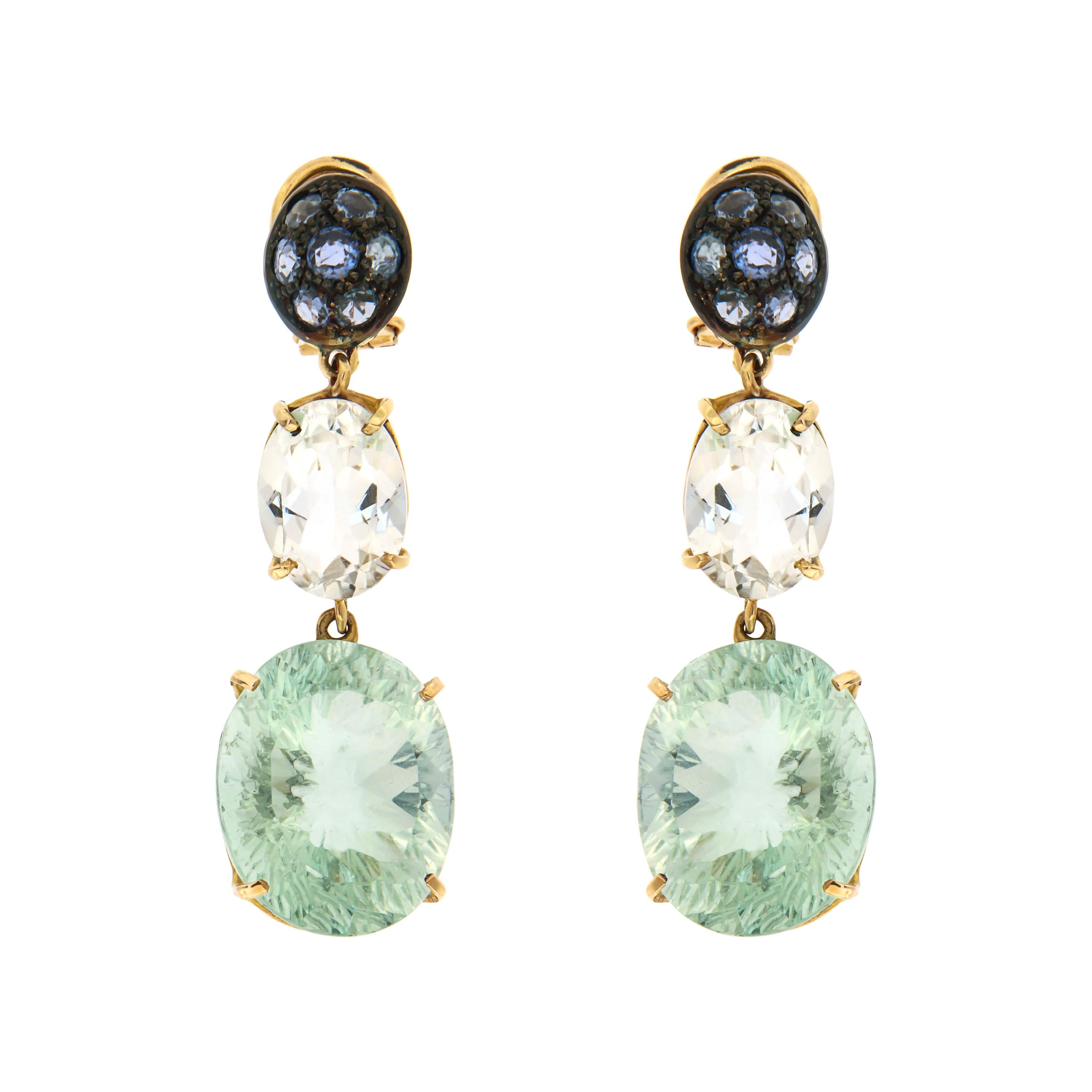 Sapphires Rock Cristal Fluorite Rose 18 Karat Gold Earrings Handcraft in Italy For Sale