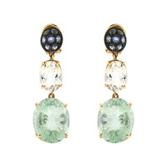 Sapphires Rock Cristal Fluorite Rose 18 Karat Gold Earrings Handcraft in Italy