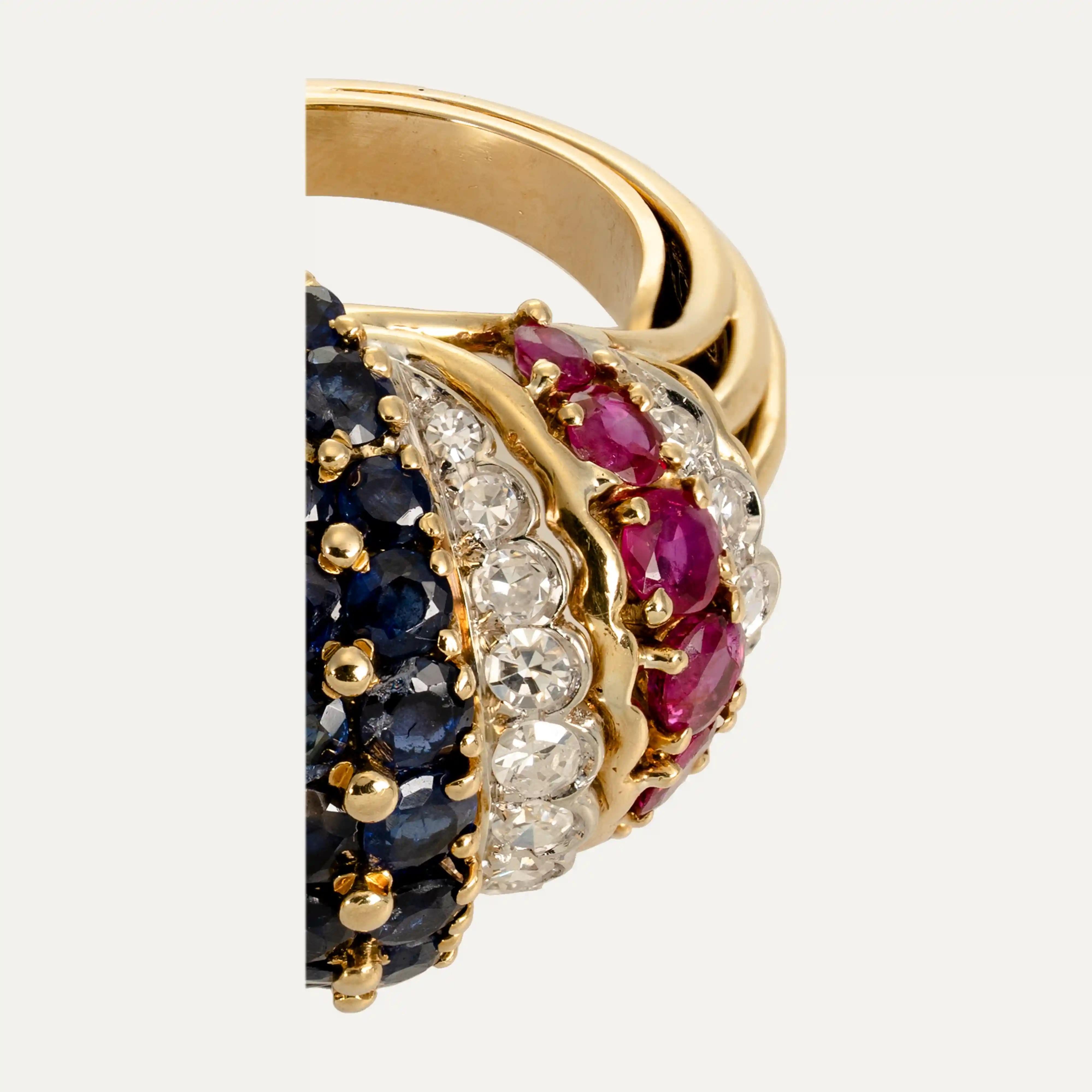 Brilliant Cut Retro Gold Ring with Sapphires, Rubies and Diamonds