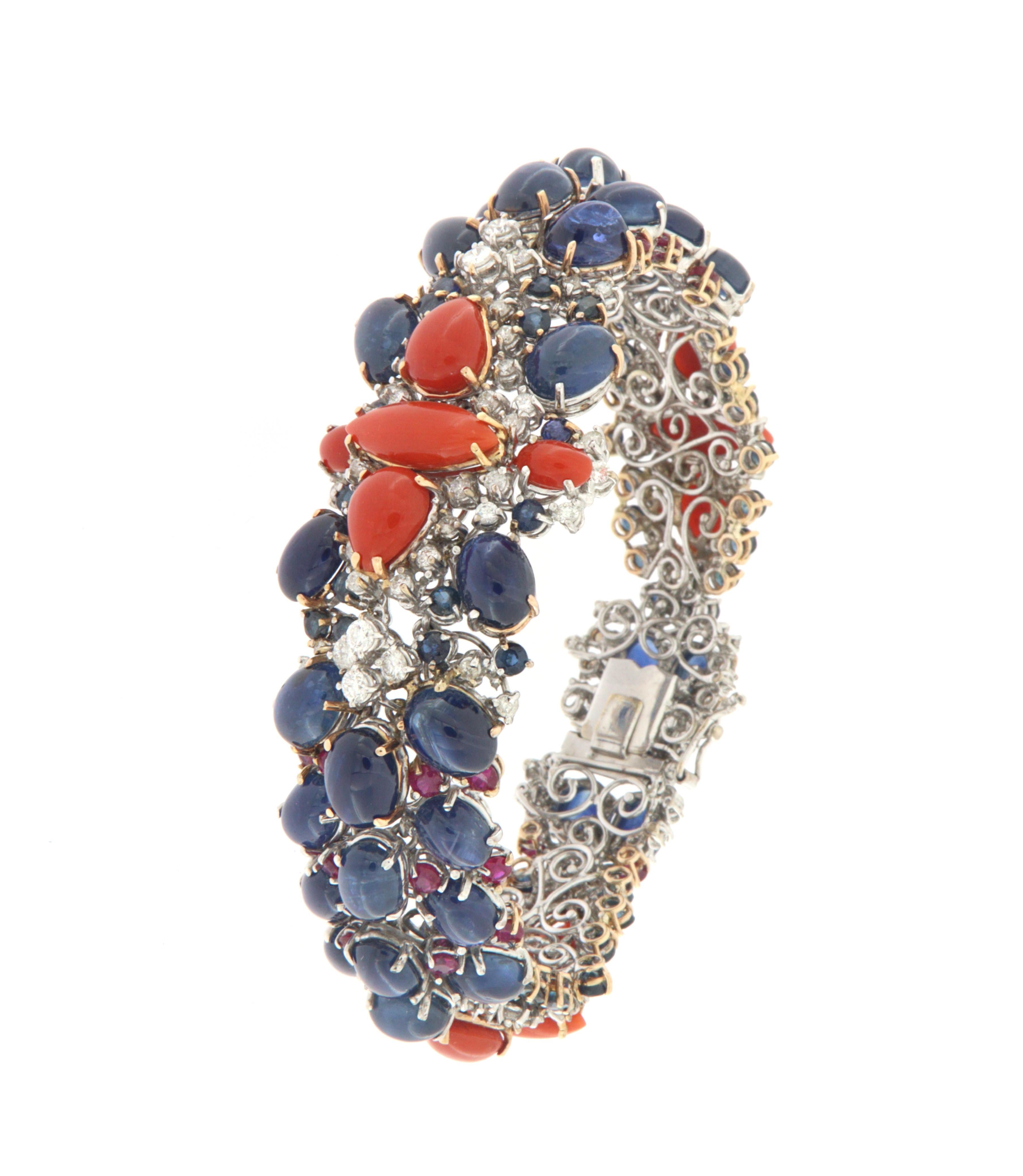 Round Cut Sapphires Rubies Diamonds Coral 18 Karat White Gold Cuff Bracelet For Sale