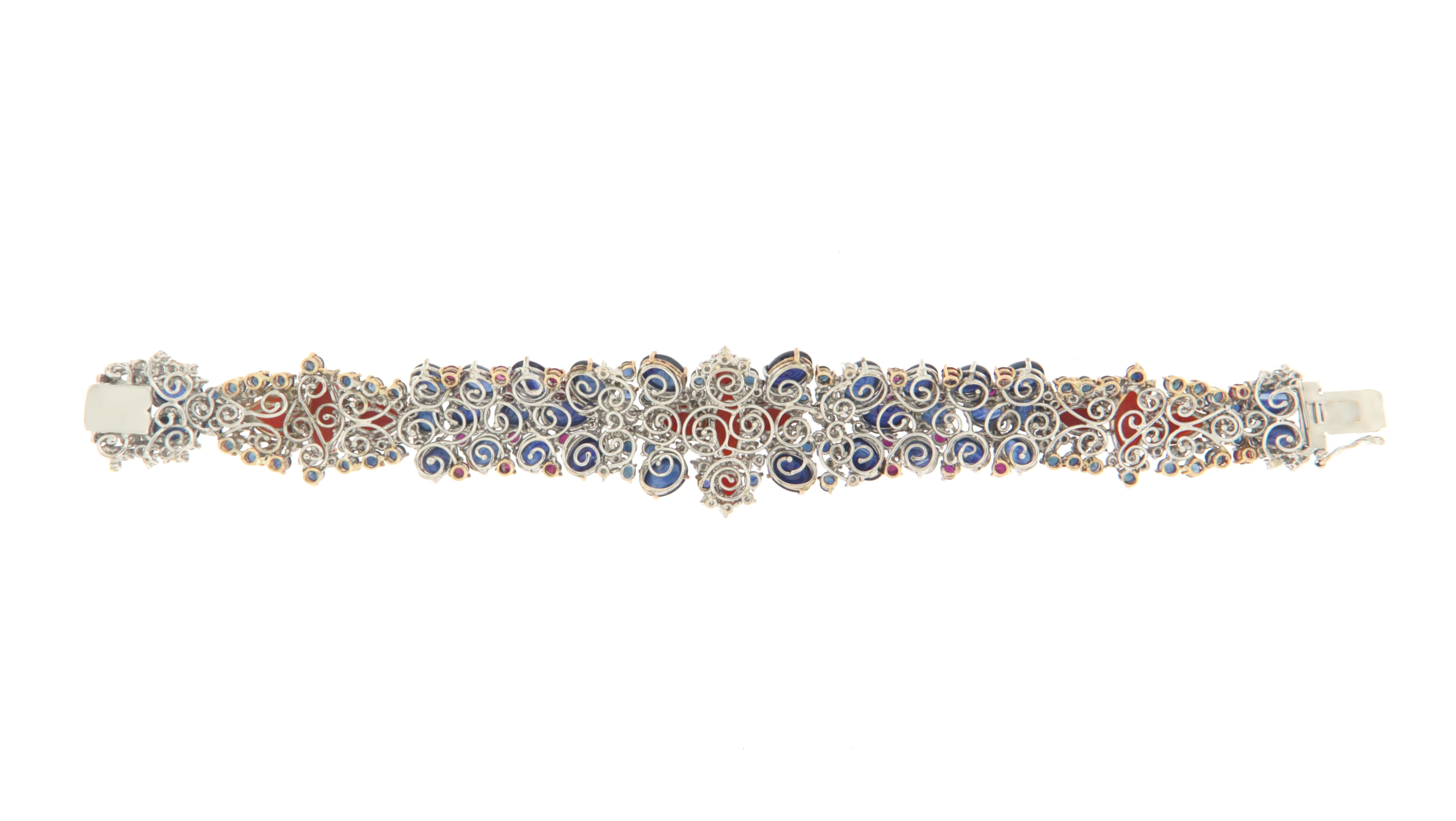 Women's Sapphires Rubies Diamonds Coral 18 Karat White Gold Cuff Bracelet For Sale