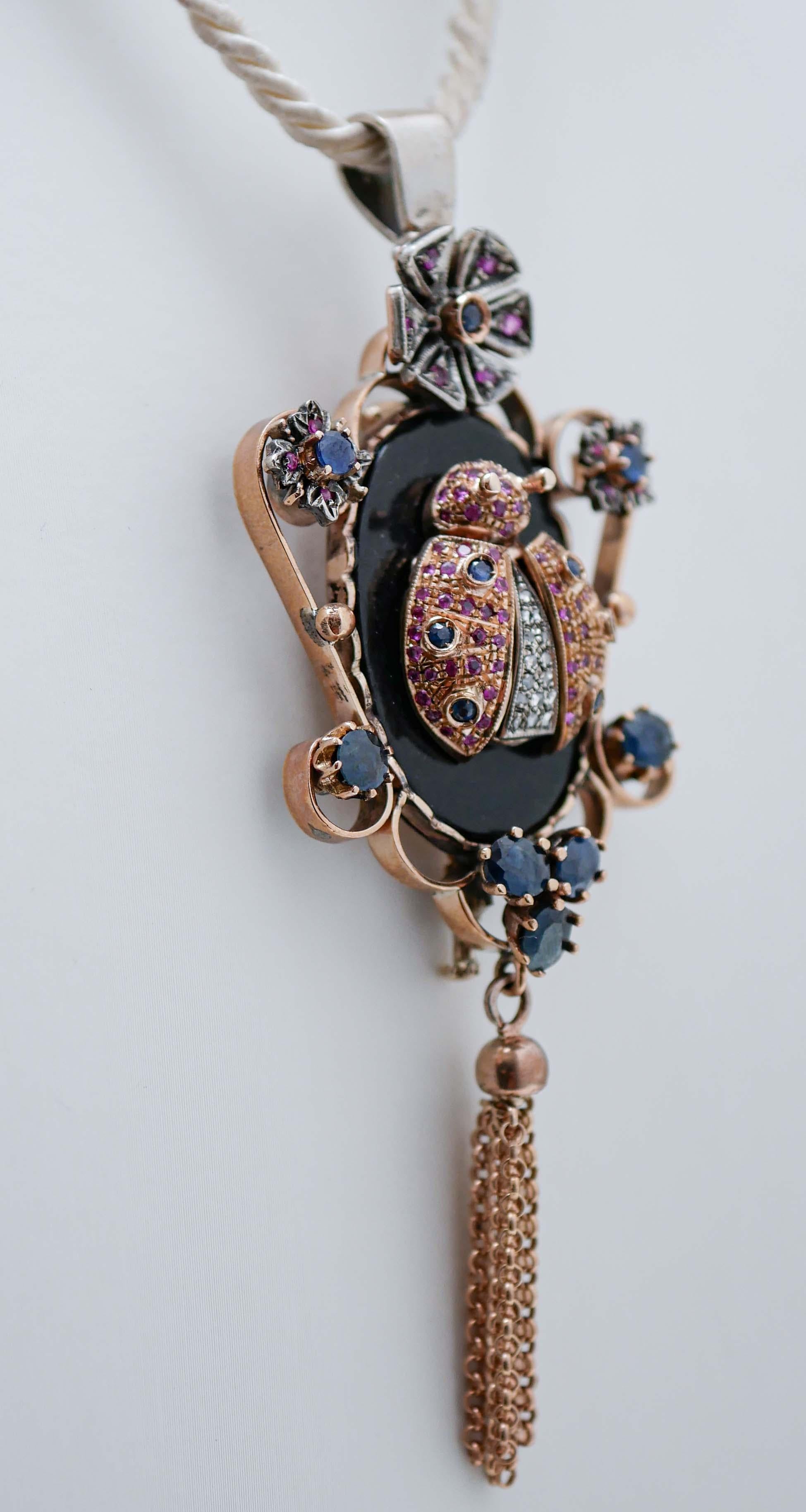 Retro Sapphires, Rubies, Diamonds, Onyx, Rose Gold and Silver Brooch/Pendant Necklace. For Sale