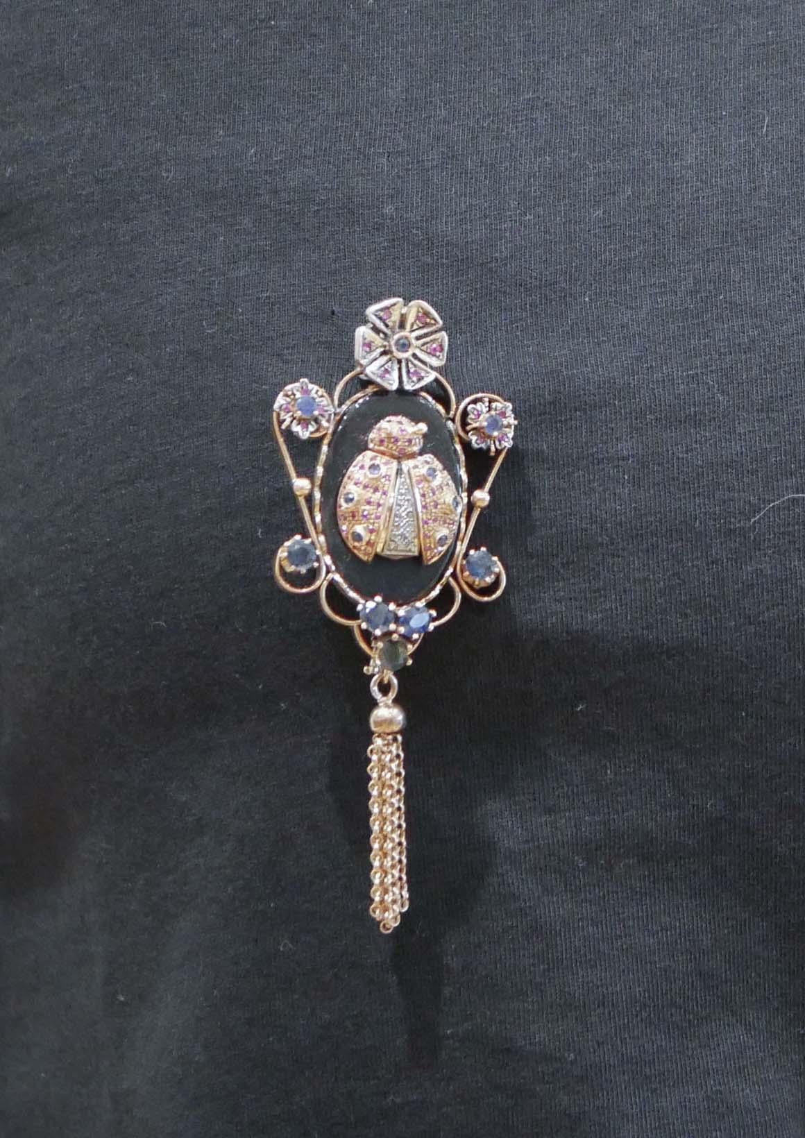 Sapphires, Rubies, Diamonds, Onyx, Rose Gold and Silver Brooch/Pendant Necklace. For Sale 1