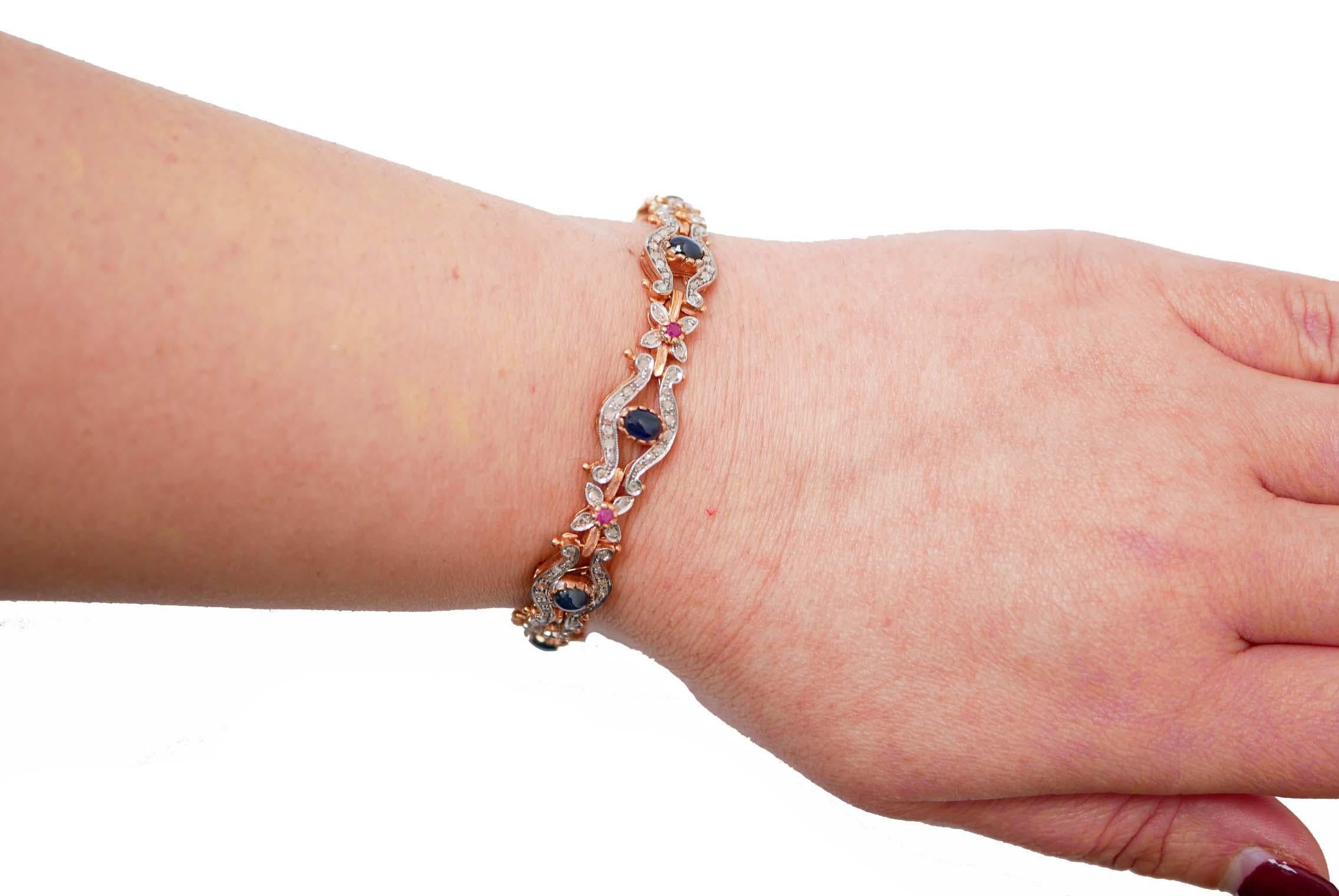 Armband aus Roségold und Silber mit Saphiren, Rubinen, Diamanten und Silber. (Gemischter Schliff) im Angebot