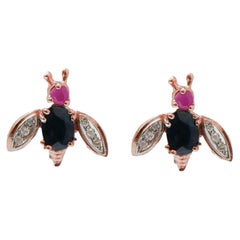 Sapphires, Rubies, Diamonds, Rose Gold and Silver Fly Earrings.