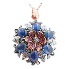 Sapphires, Rubies, Diamonds, Rose Gold and Silver Pendant.