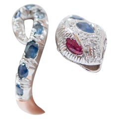 Sapphires, Rubies, Diamonds, Rose Gold and Silver Snake Ring.