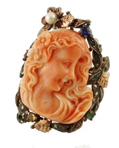 Sapphires Rubies Emerald Coral Pearl Diamonds Rose Gold and Silver Cocktail Ring