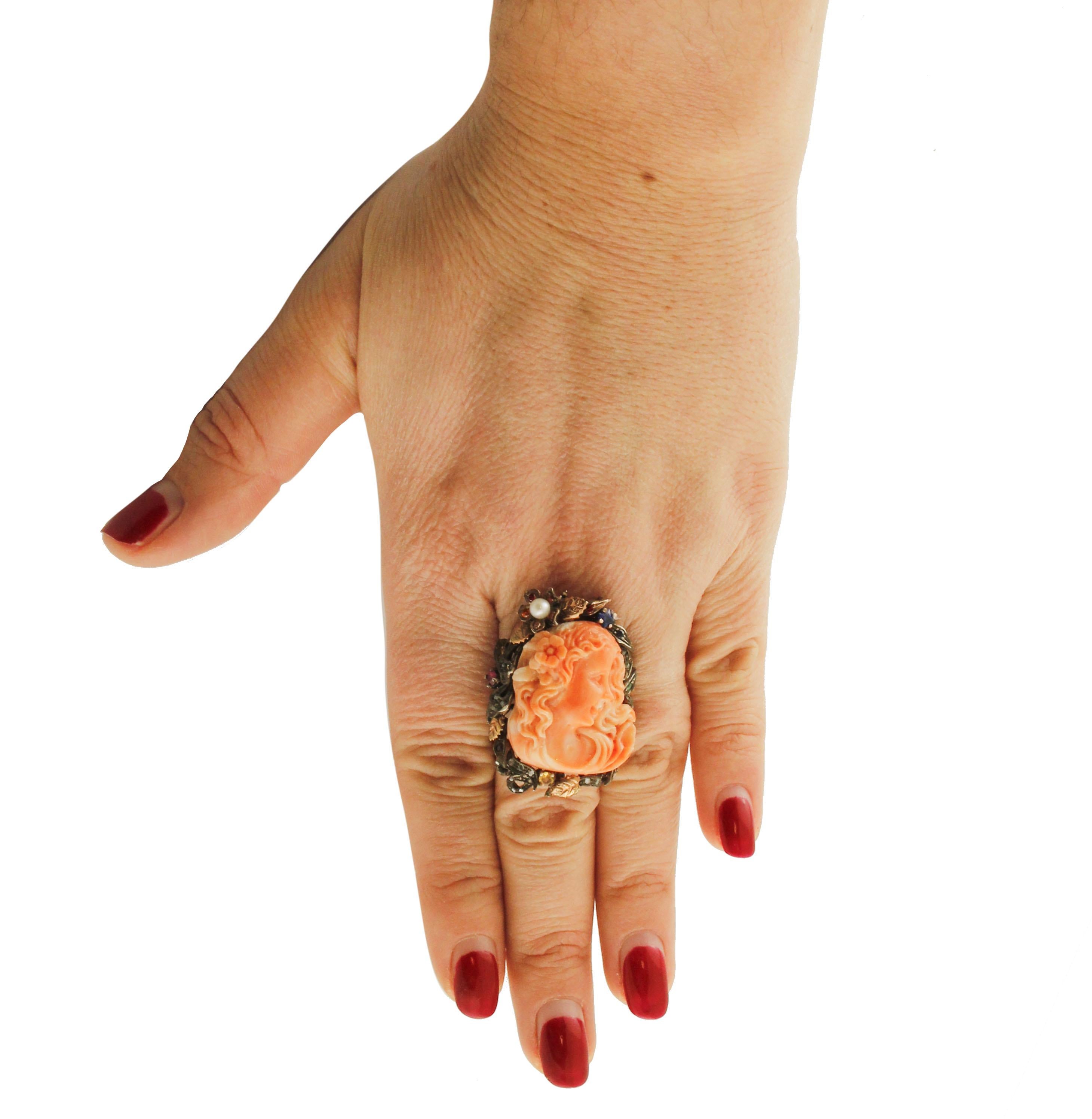 Women's Sapphires Rubies Emerald Coral Pearl Diamonds Rose Gold and Silver Cocktail Ring For Sale