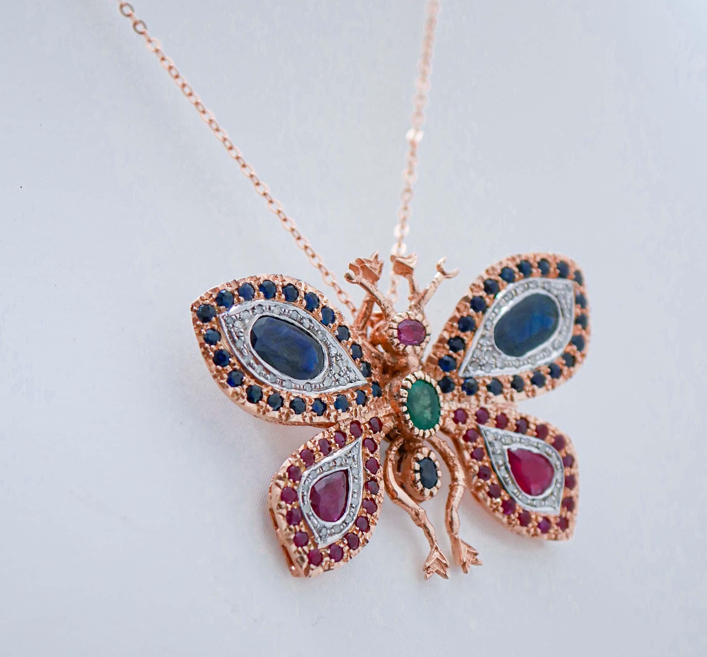 Retro Sapphires, Rubies, Emerald, Diamonds, Rose Gold and Silver Brooch/Pendant. For Sale