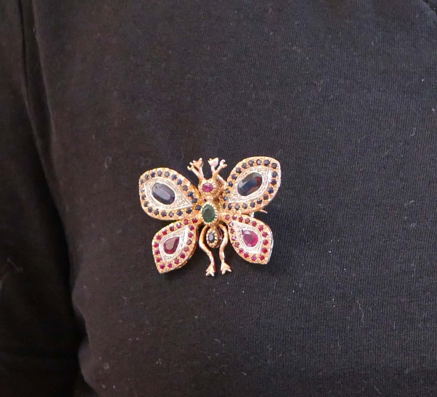 Sapphires, Rubies, Emerald, Diamonds, Rose Gold and Silver Brooch/Pendant. For Sale 2