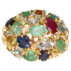 Sapphires Rubies Emeralds Aquamarine Diamonds 18 Karat Yellow Gold Cocktail Ring