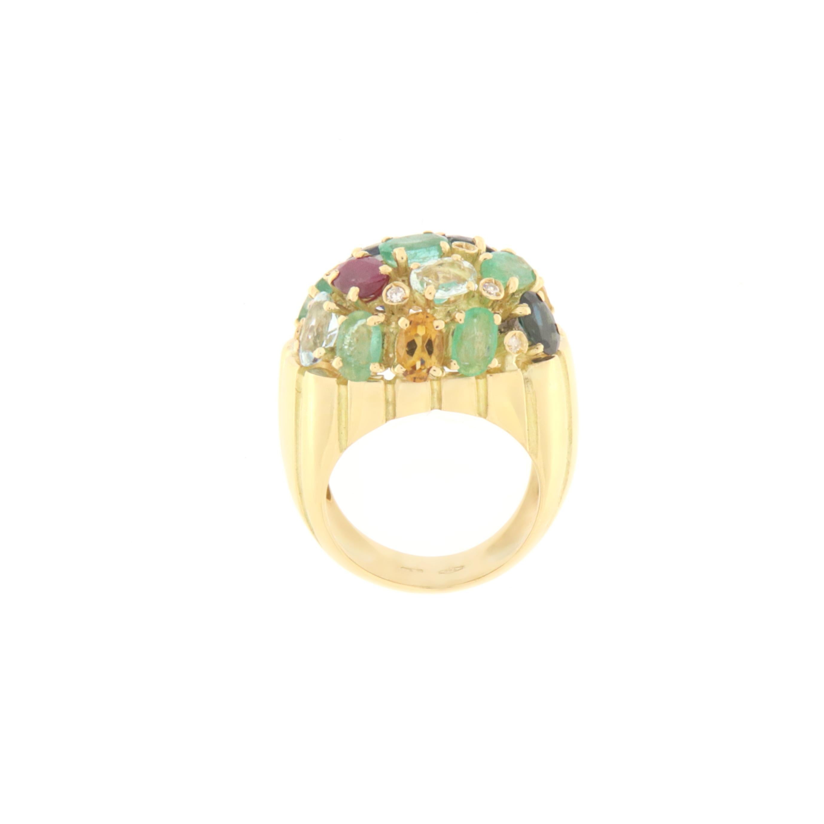 Retro Sapphires Rubies Emeralds Aquamarine Diamonds 18 Karat Yellow Gold Cocktail Ring For Sale