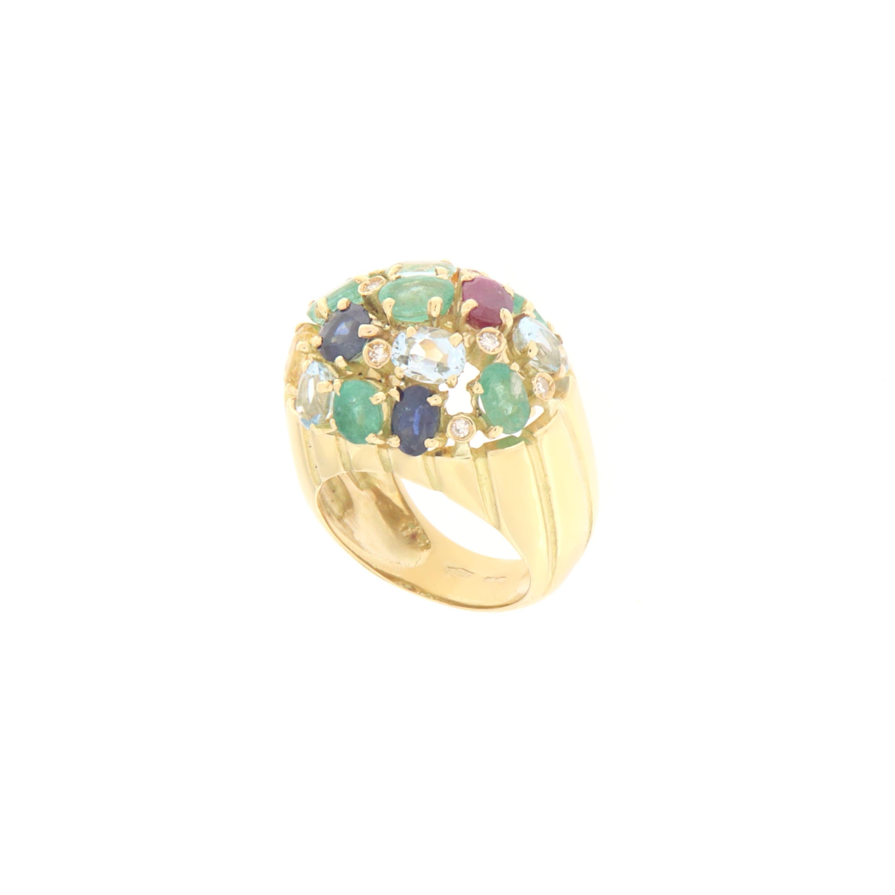 Brilliant Cut Sapphires Rubies Emeralds Aquamarine Diamonds 18 Karat Yellow Gold Cocktail Ring For Sale