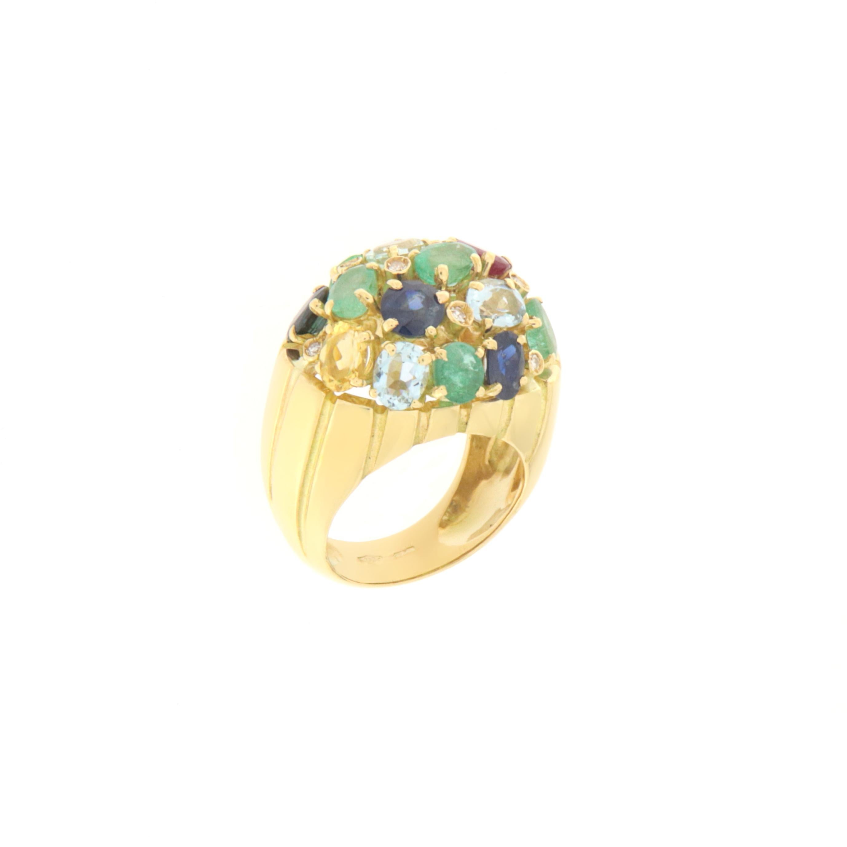 Sapphires Rubies Emeralds Aquamarine Diamonds 18 Karat Yellow Gold Cocktail Ring In New Condition For Sale In Marcianise, IT