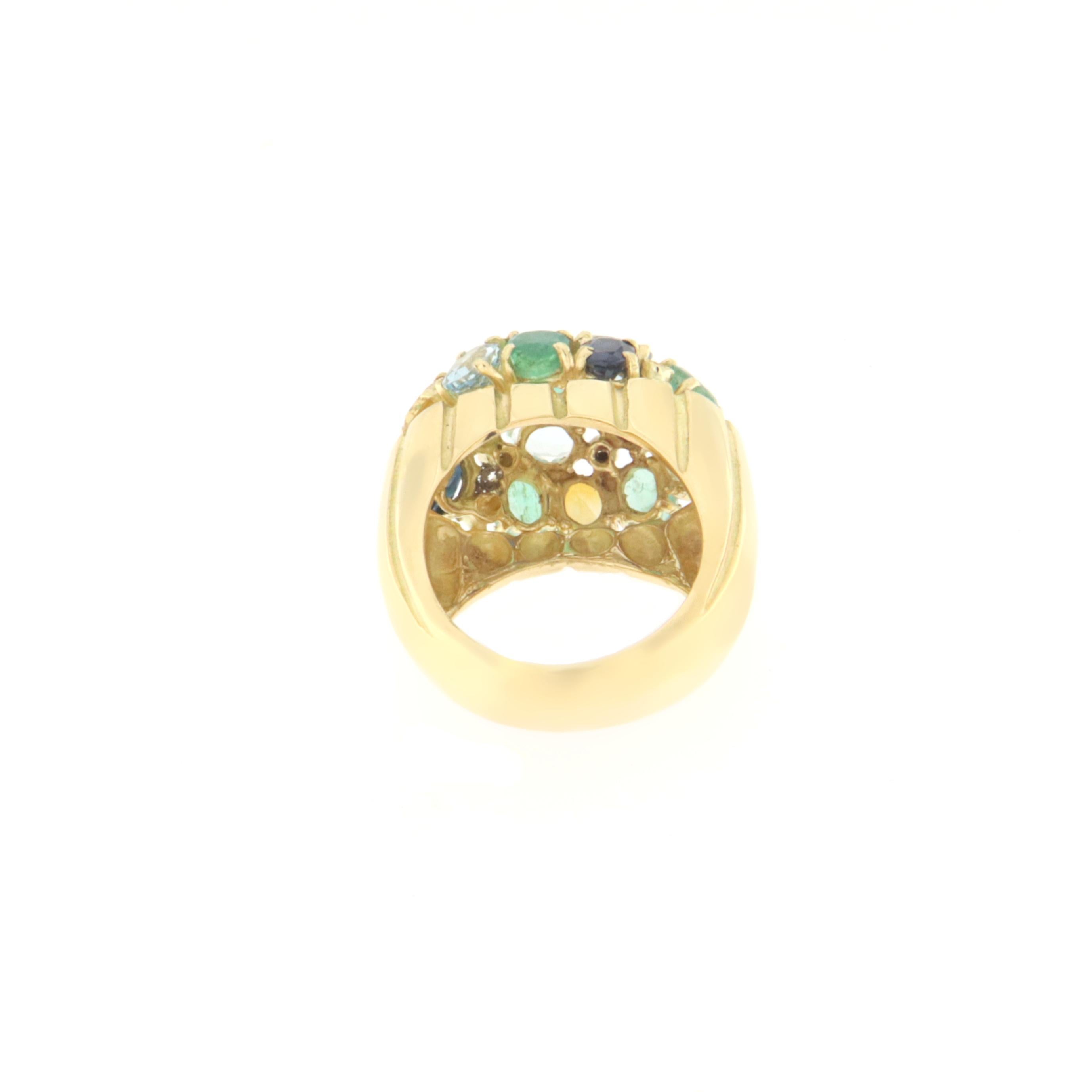 Women's Sapphires Rubies Emeralds Aquamarine Diamonds 18 Karat Yellow Gold Cocktail Ring For Sale