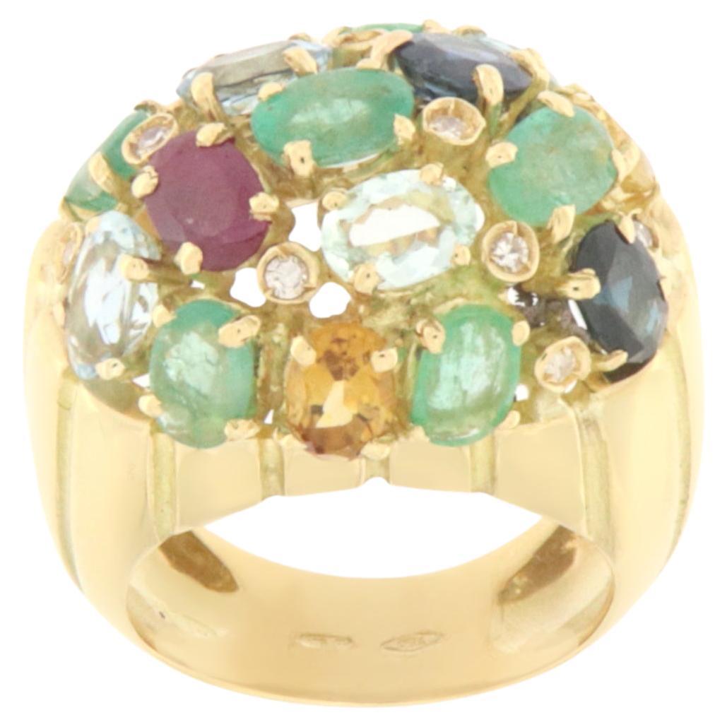 Sapphires Rubies Emeralds Aquamarine Diamonds 18 Karat Yellow Gold Cocktail Ring For Sale