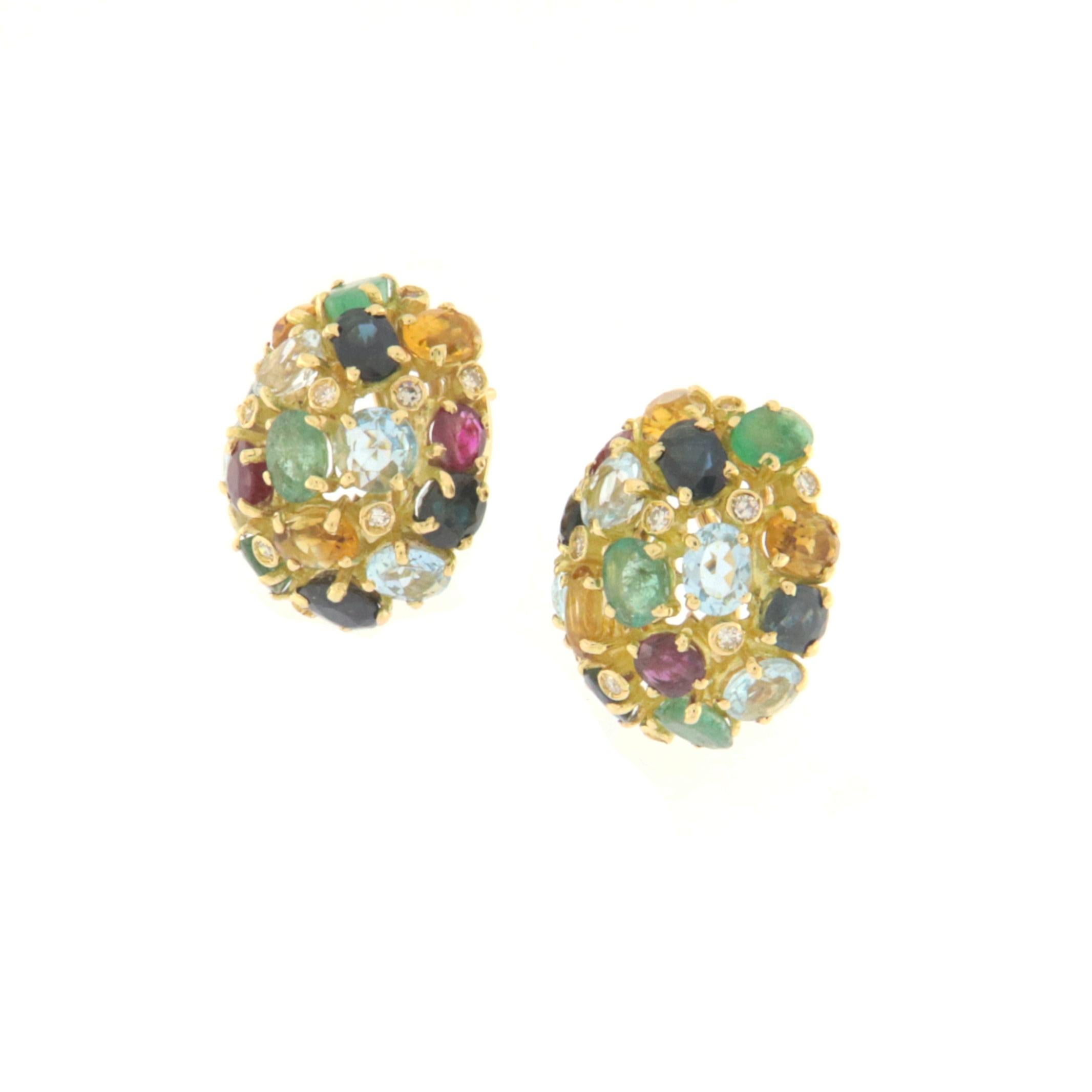 Retro Sapphires Rubies Emeralds Aquamarine Diamonds 18 Karat Yellow Gold Stud Earrings For Sale