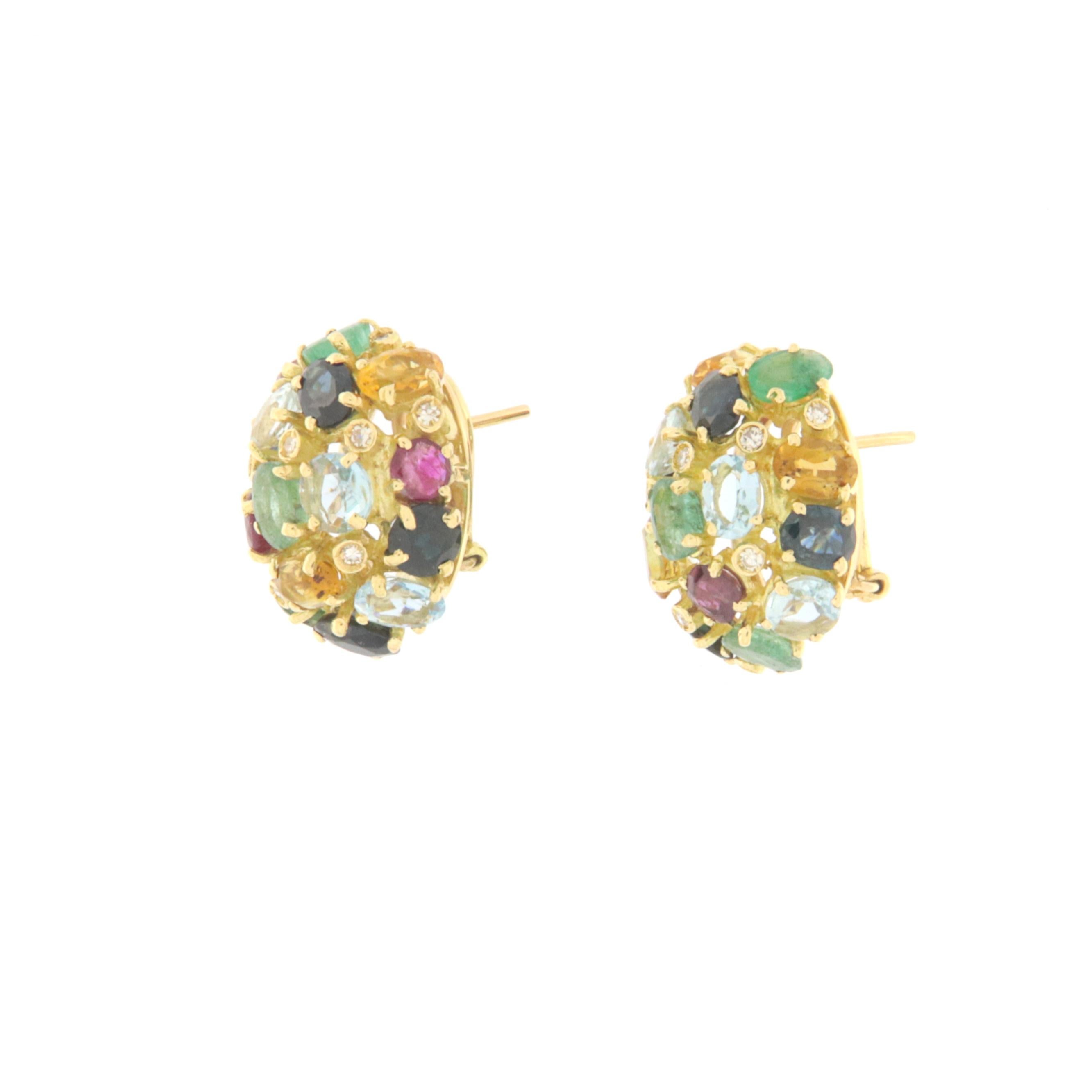 Brilliant Cut Sapphires Rubies Emeralds Aquamarine Diamonds 18 Karat Yellow Gold Stud Earrings For Sale