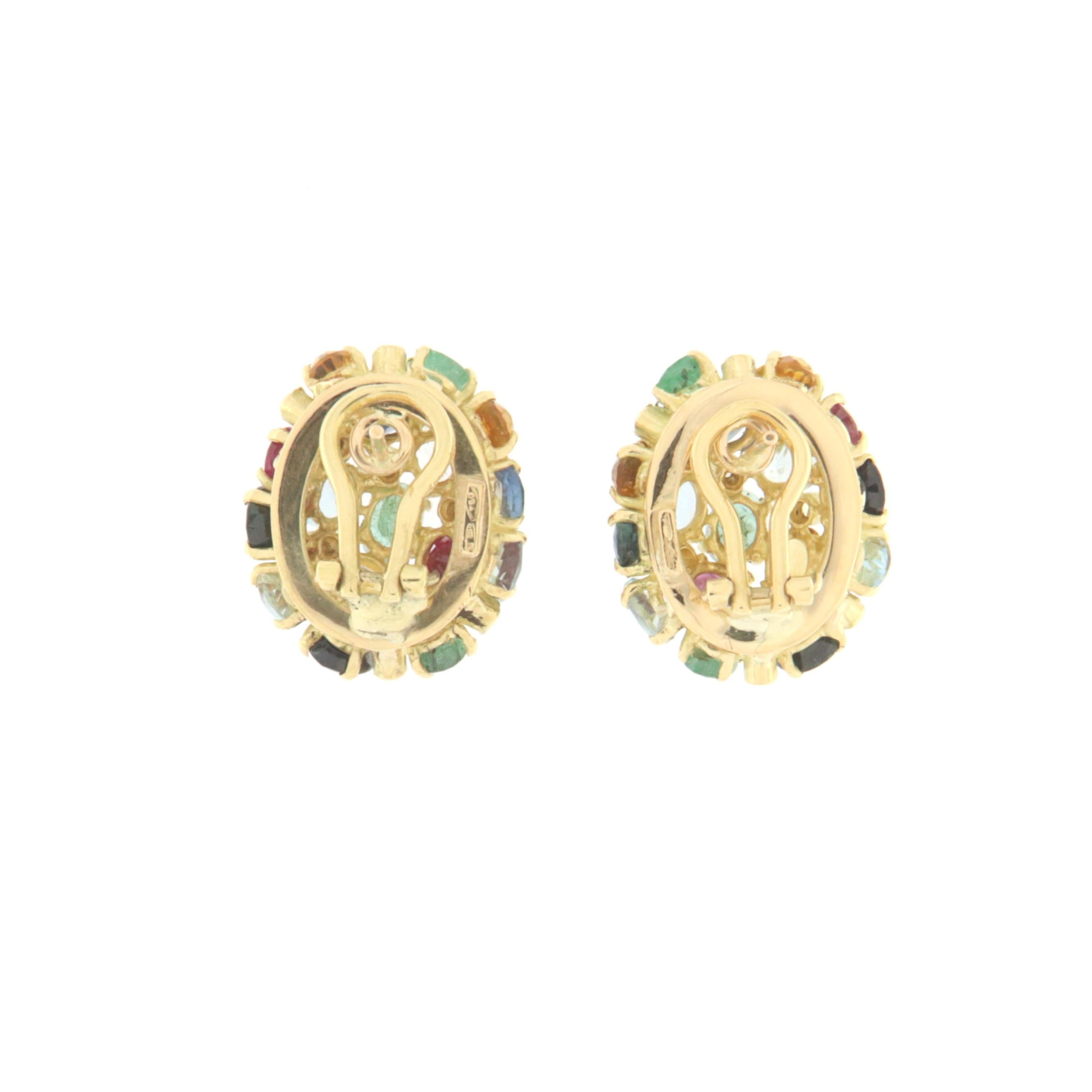 Sapphires Rubies Emeralds Aquamarine Diamonds 18 Karat Yellow Gold Stud Earrings In New Condition For Sale In Marcianise, IT