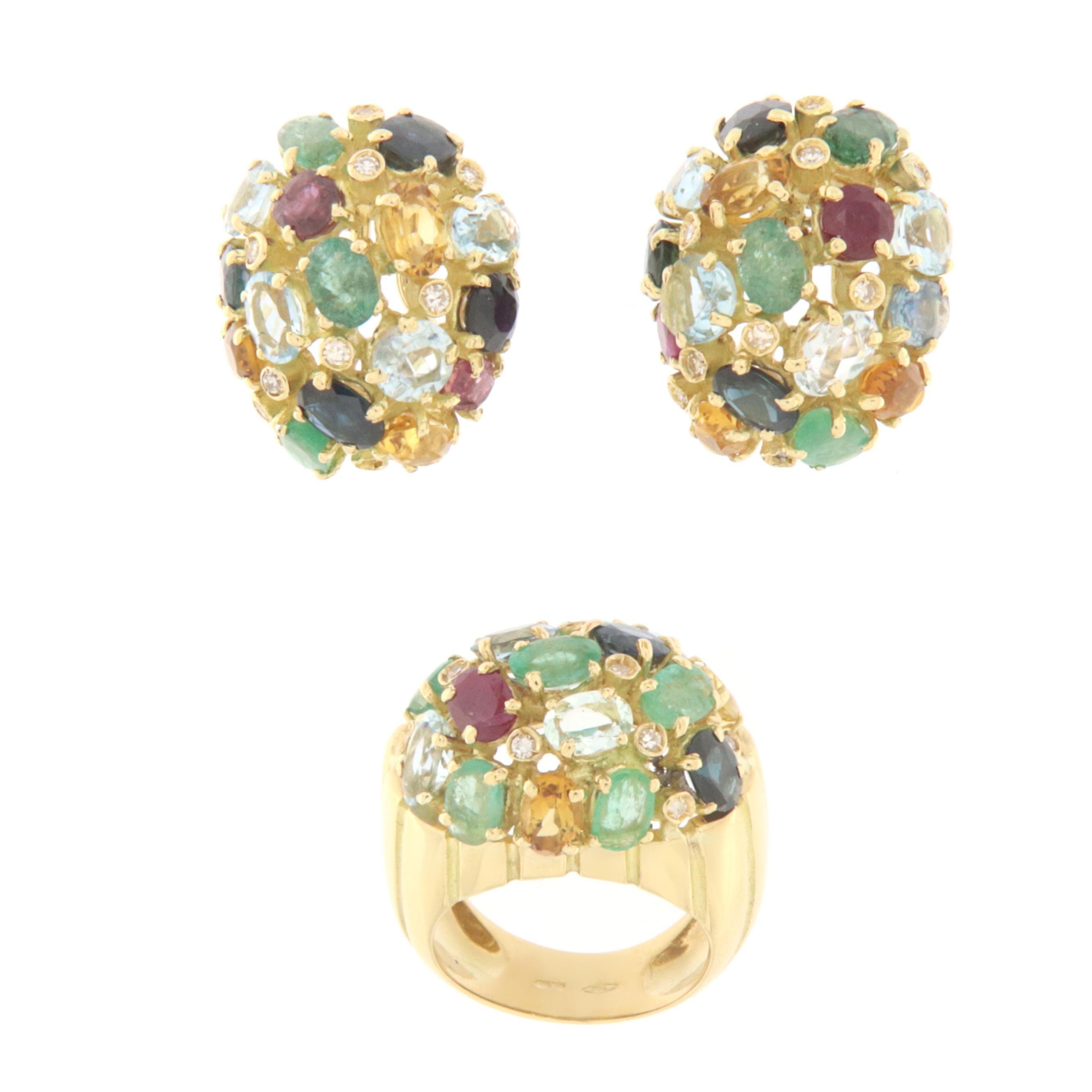 Women's Sapphires Rubies Emeralds Aquamarine Diamonds 18 Karat Yellow Gold Stud Earrings For Sale