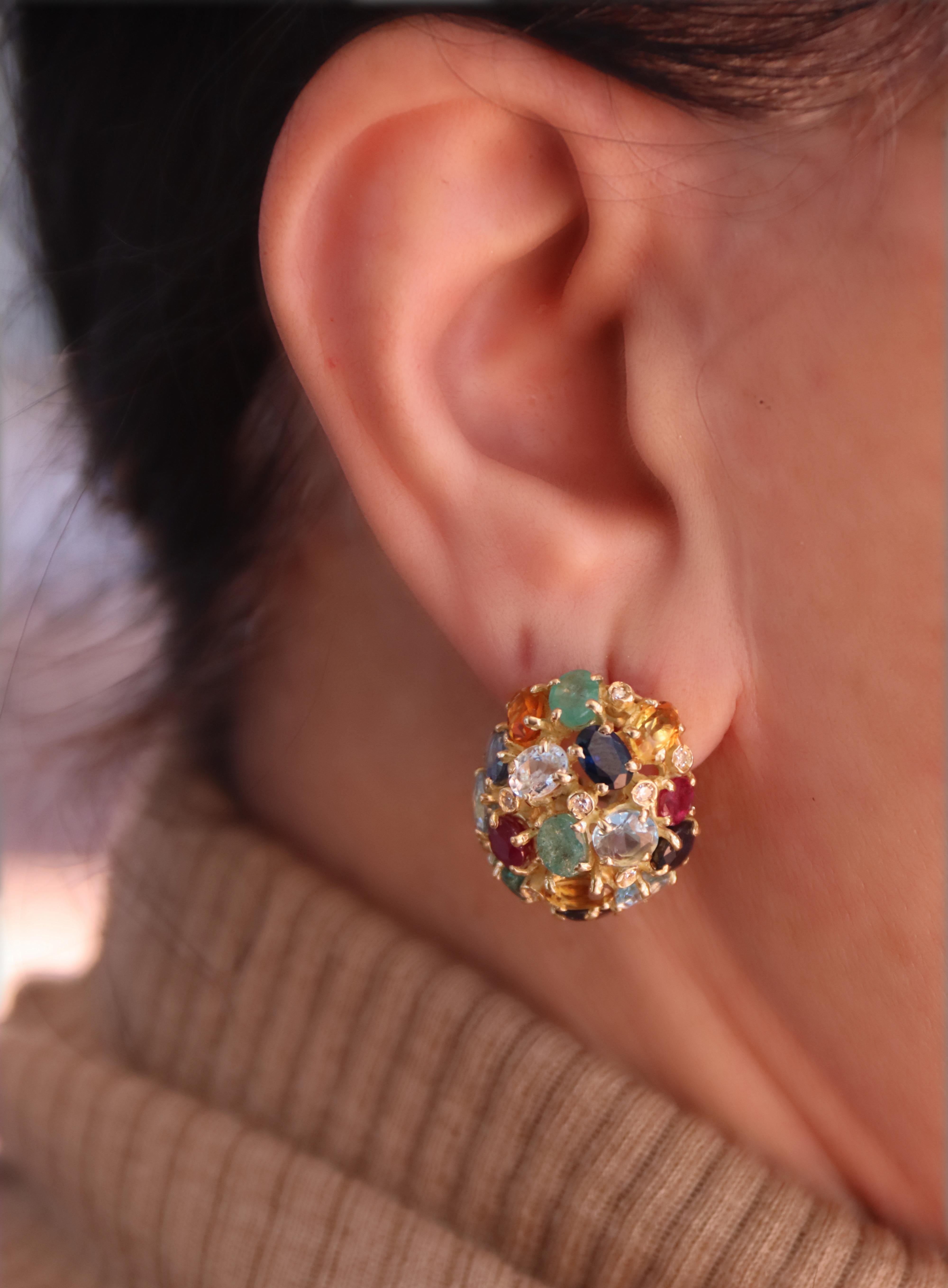 Sapphires Rubies Emeralds Aquamarine Diamonds 18 Karat Yellow Gold Stud Earrings For Sale 1