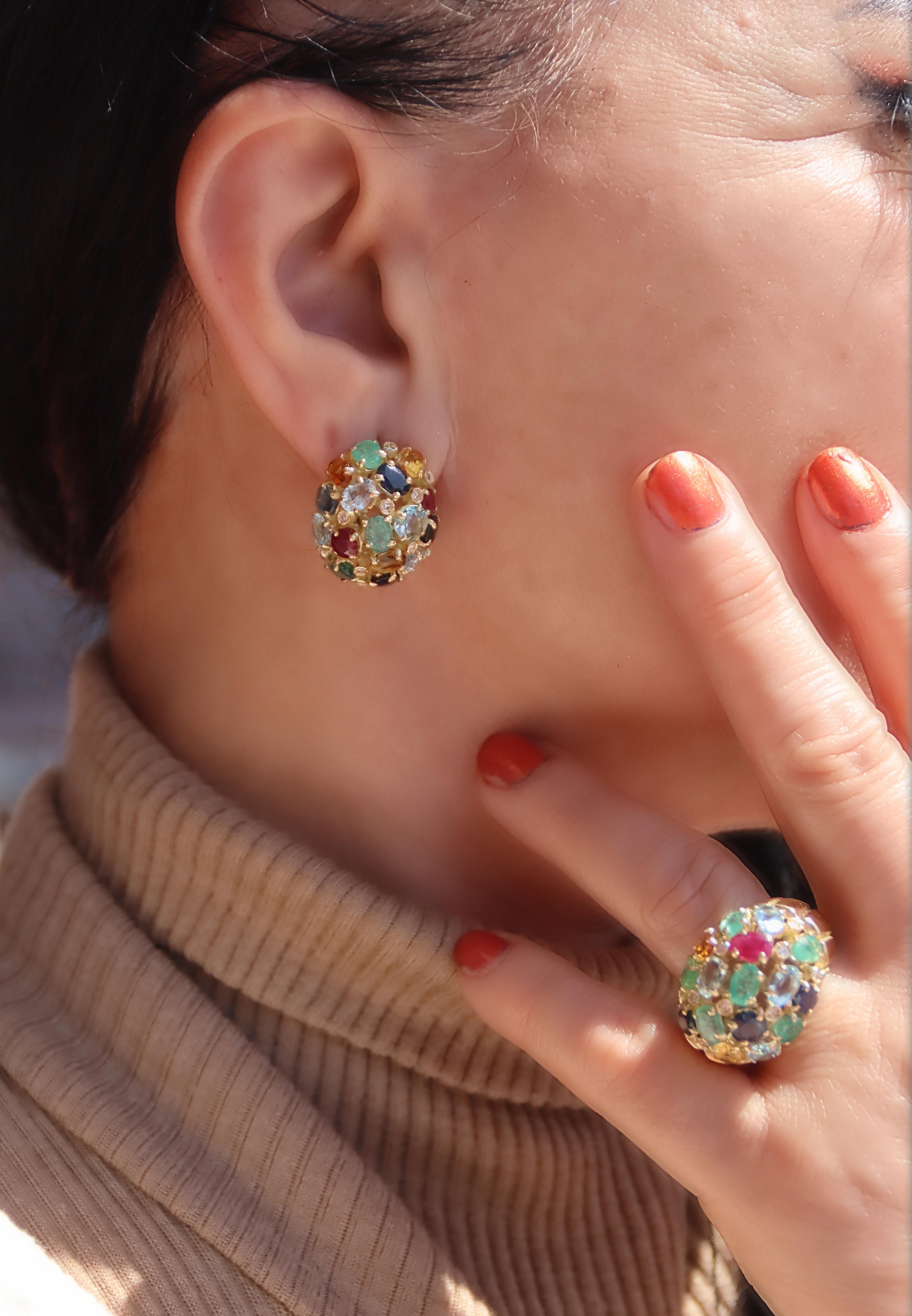 Sapphires Rubies Emeralds Aquamarine Diamonds 18 Karat Yellow Gold Stud Earrings For Sale 3