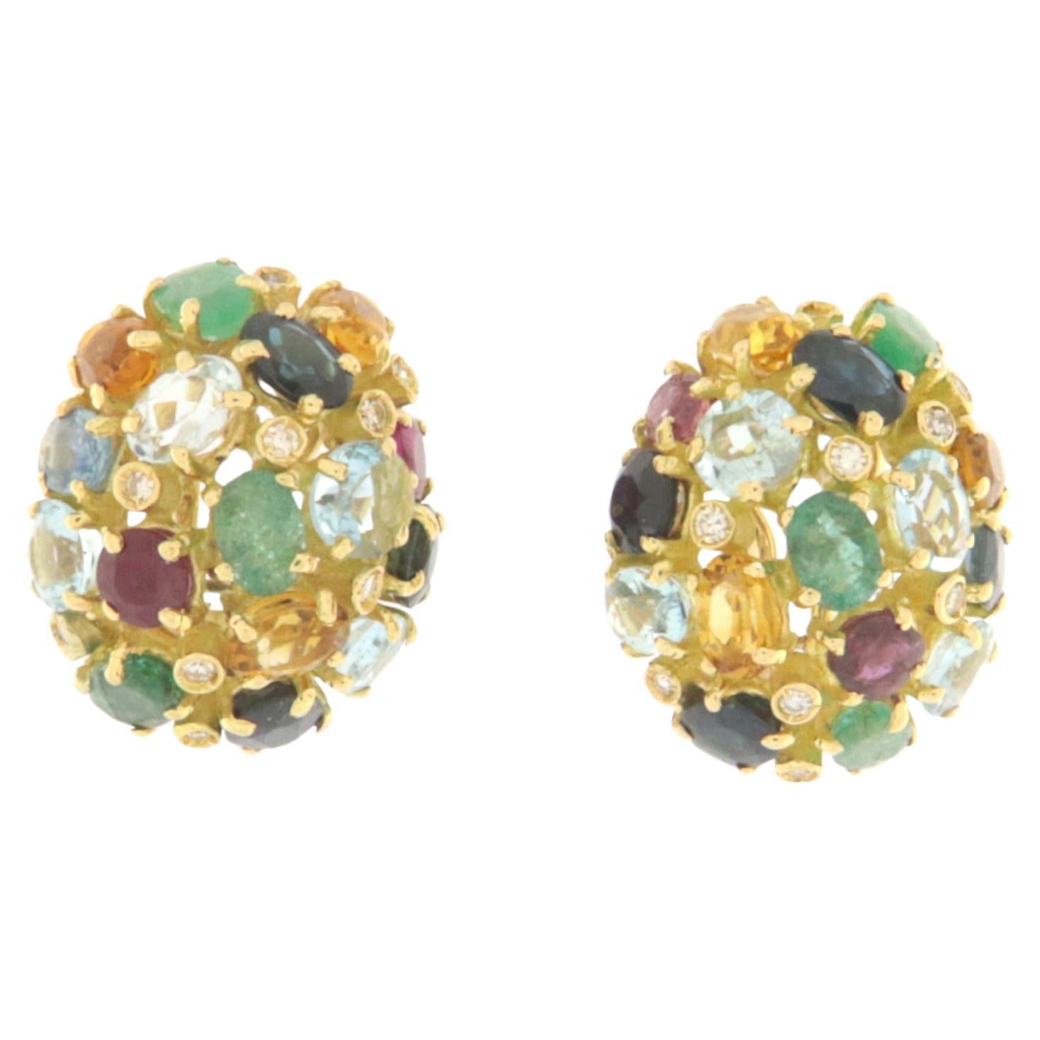 Sapphires Rubies Emeralds Aquamarine Diamonds 18 Karat Yellow Gold Stud Earrings For Sale