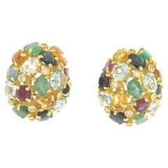 Clous d'oreilles en or jaune 18 carats avec saphirs, rubis, émeraudes, aigues-marines et diamants