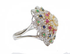 Sapphires, Rubies, Emeralds, Diamonds, 18 Karat White Gold Ring.