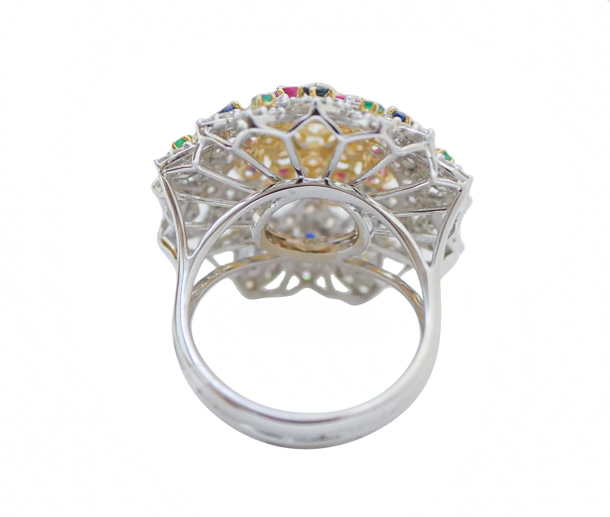 Retro Sapphires, Rubies, Emeralds, Diamonds, 18 Karat White Gold Ring. For Sale