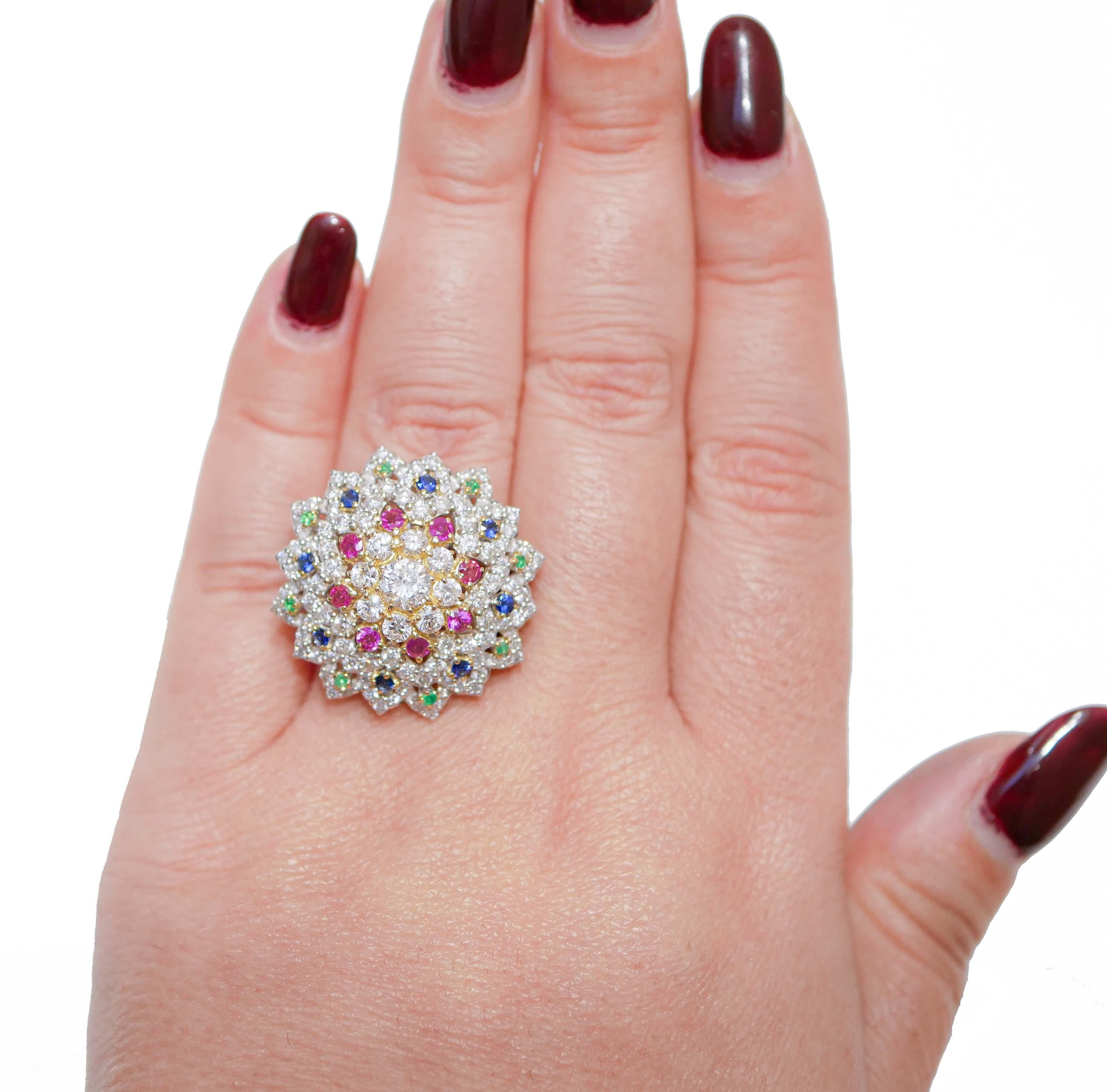 Mixed Cut Sapphires, Rubies, Emeralds, Diamonds, 18 Karat White Gold Ring. For Sale