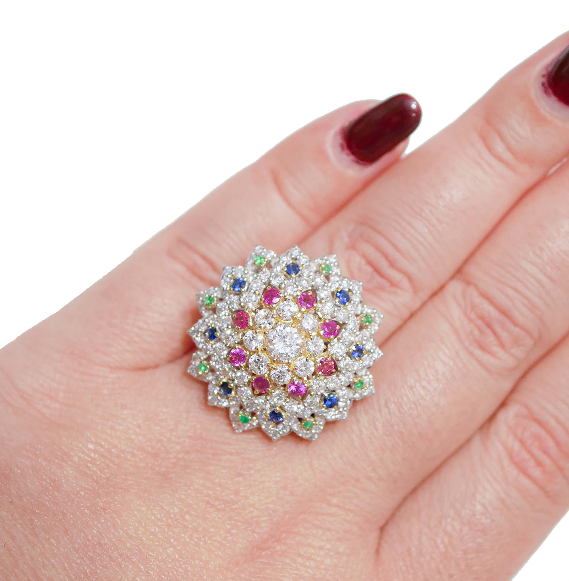Sapphires, Rubies, Emeralds, Diamonds, 18 Karat White Gold Ring. In Good Condition For Sale In Marcianise, Marcianise (CE)