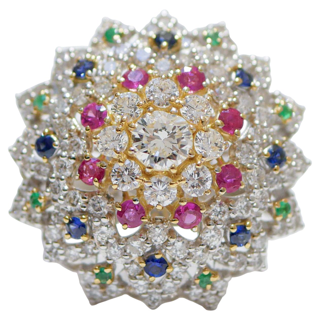 Zafiros, Rubíes, Esmeraldas, Diamantes, Anillo de Oro Blanco de 18 Kilates.