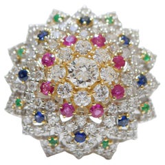 Sapphires, Rubies, Emeralds, Diamonds, 18 Karat White Gold Ring.