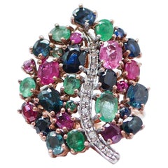 Sapphires, Rubies, Emeralds, Diamonds, Rose Gold and Silver Ring.