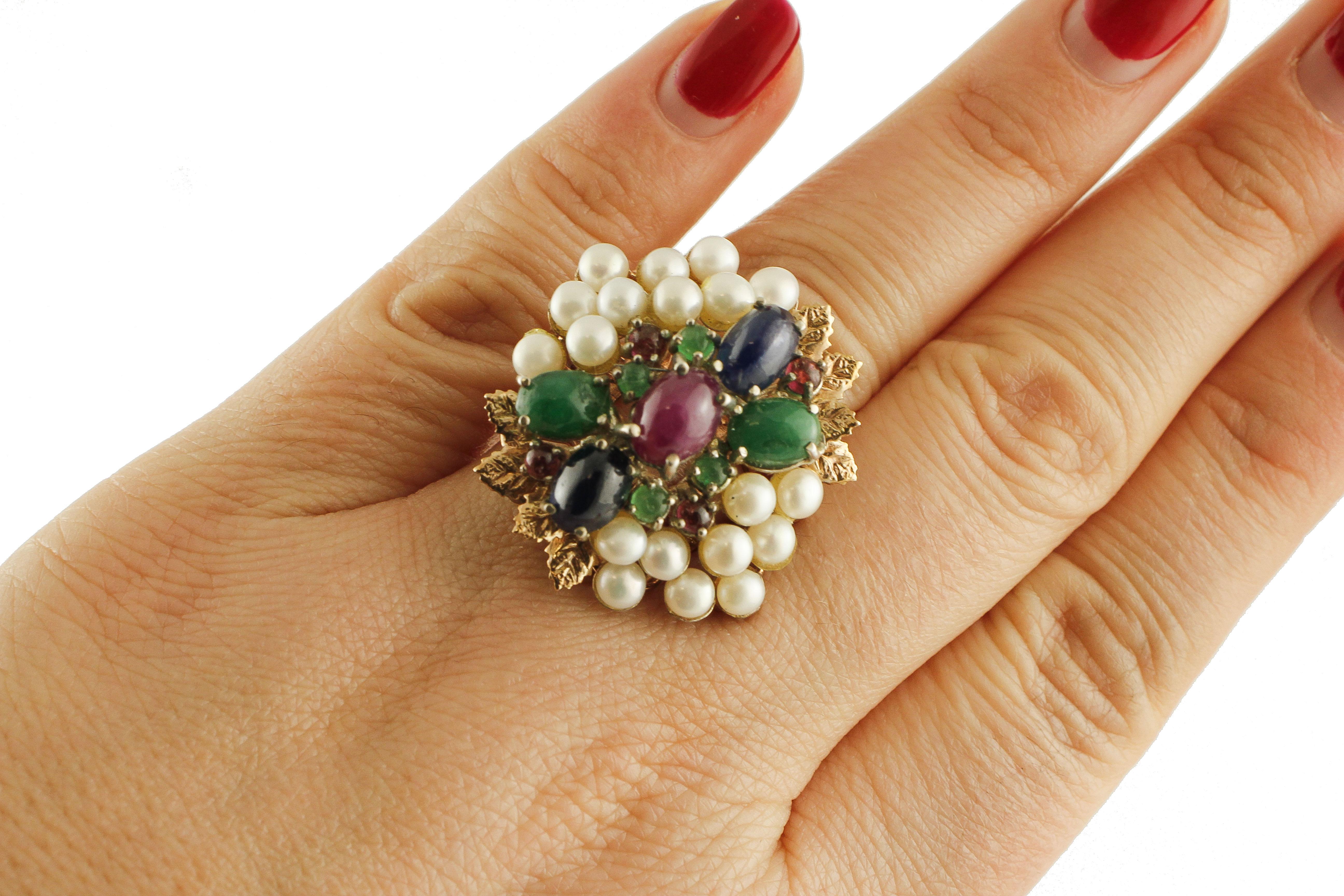 Sapphires Rubies Emeralds Pearls Rose Gold and Silver Cocktail Ring In Good Condition In Marcianise, Marcianise (CE)