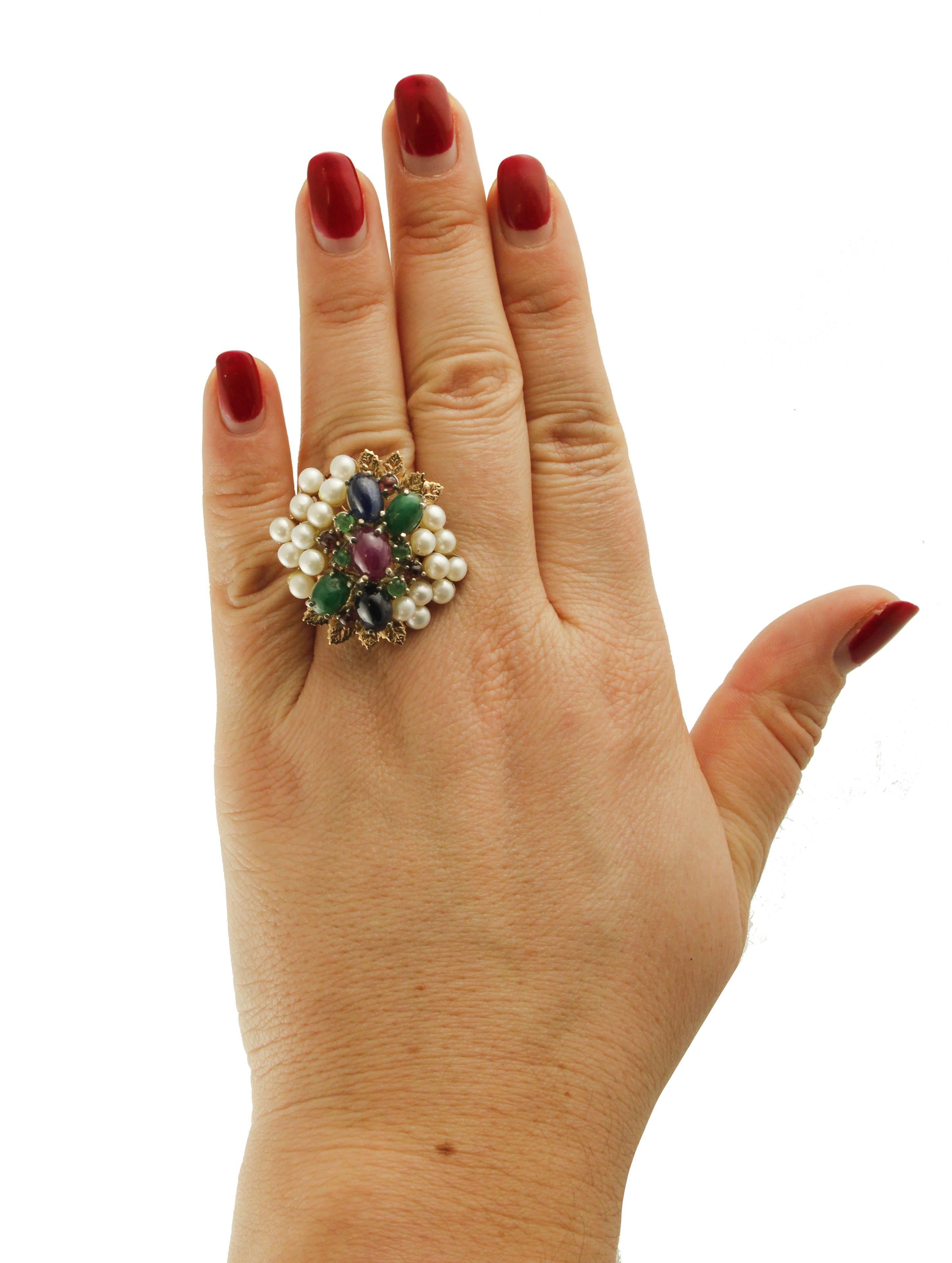 Women's Sapphires Rubies Emeralds Pearls Rose Gold and Silver Cocktail Ring