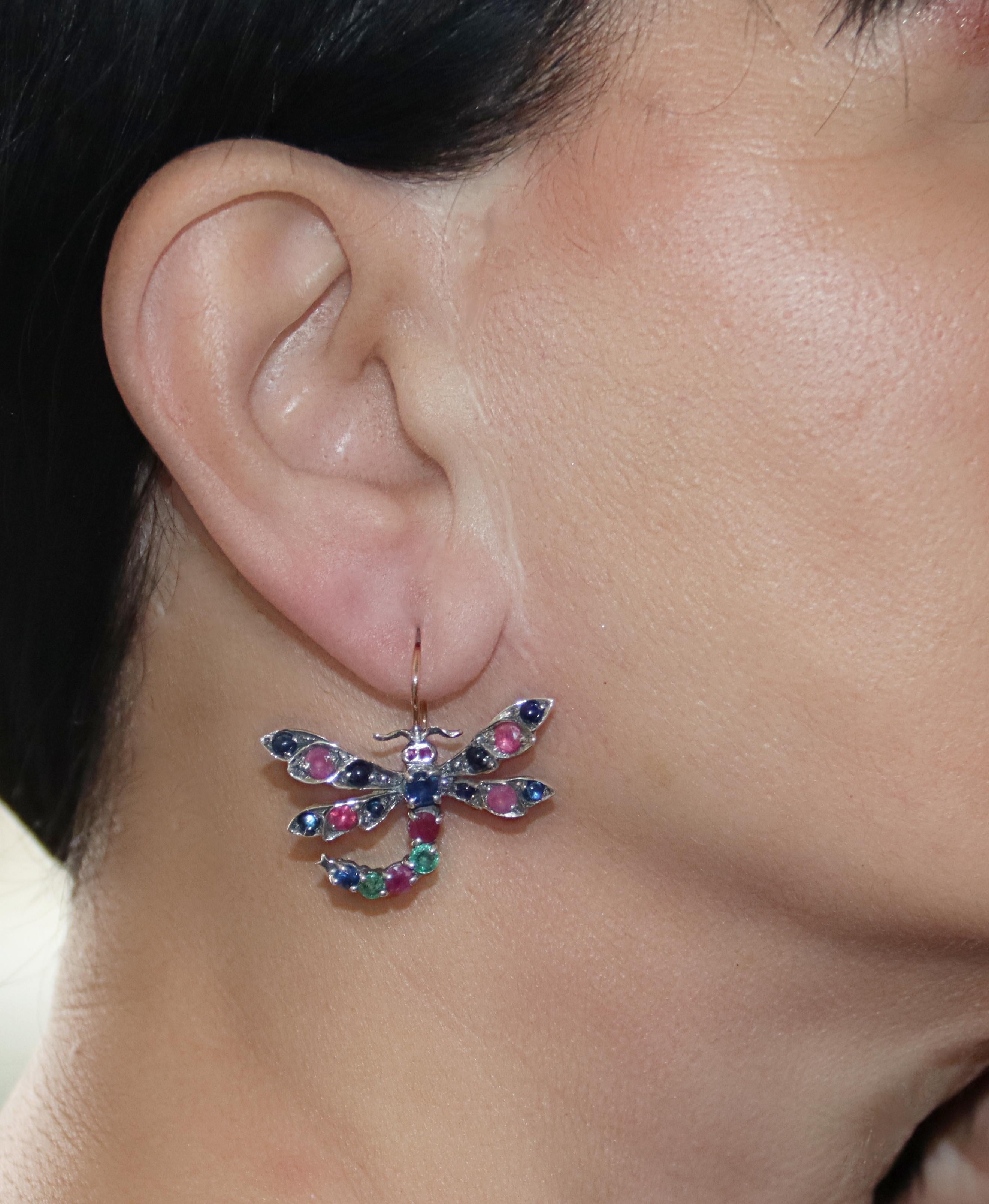 Sapphires Rubies Emeralds Yellow Gold 14 Karat Drop Earrings For Sale 4