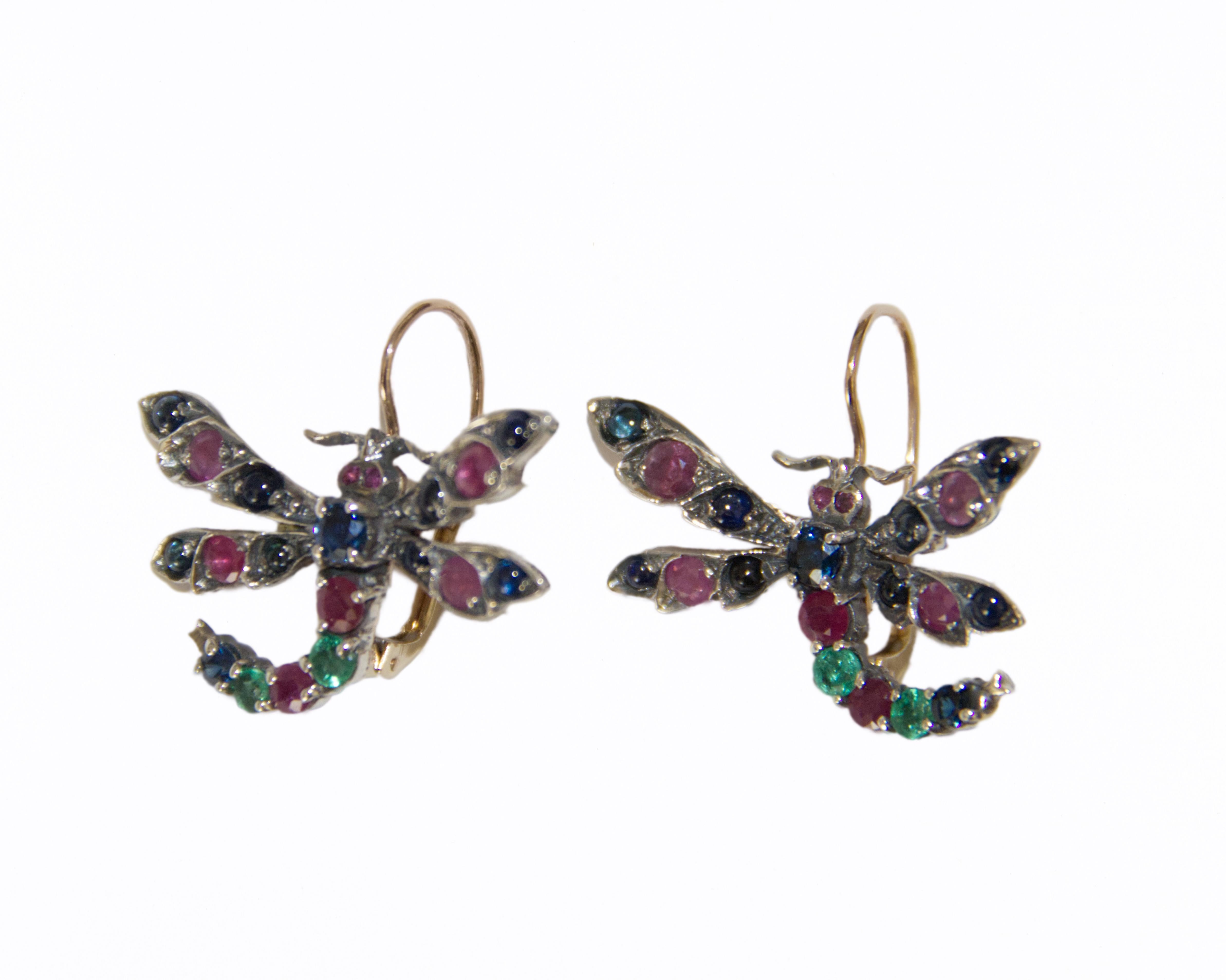 Artisan Sapphires Rubies Emeralds Yellow Gold 14 Karat Drop Earrings For Sale
