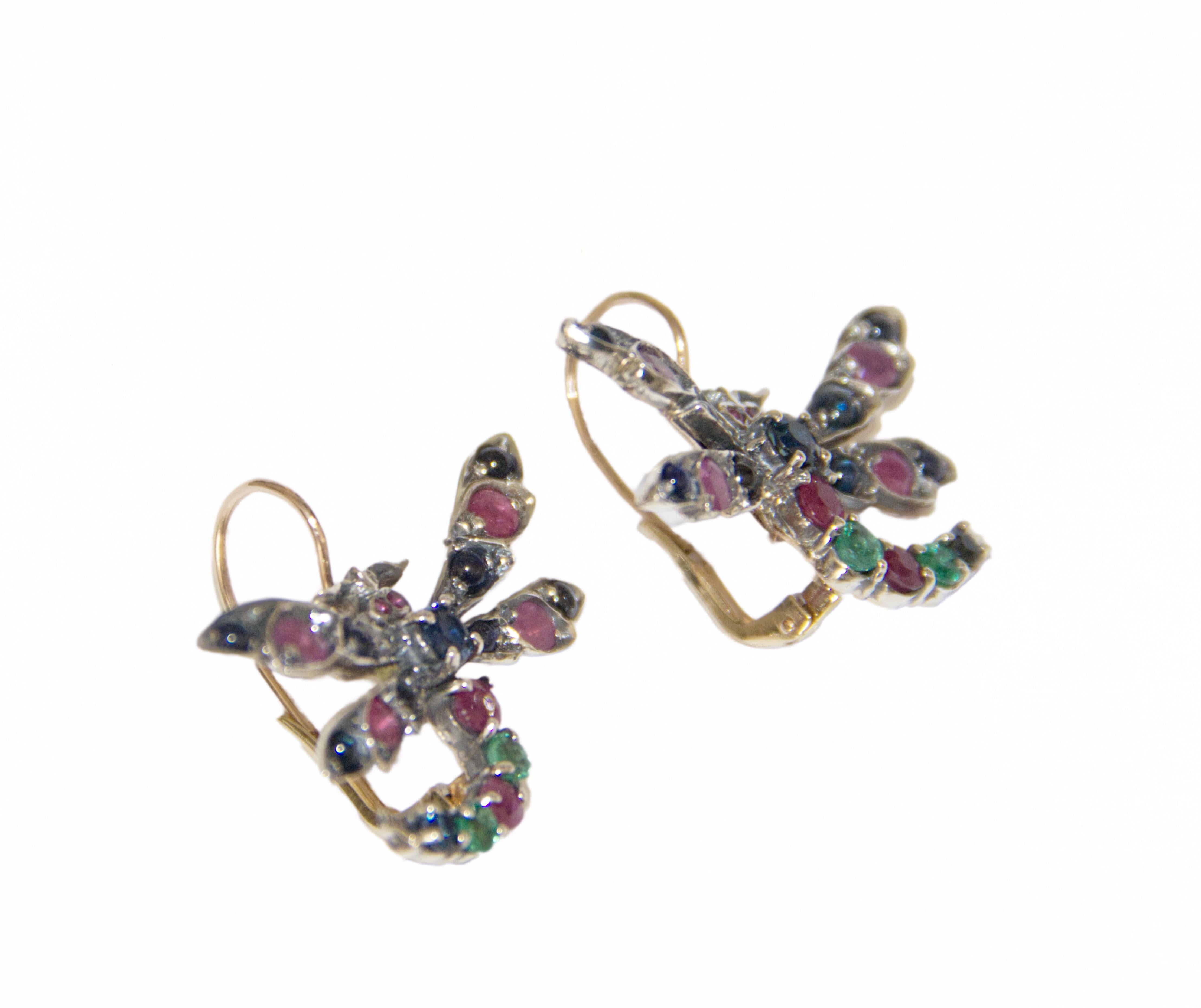Brilliant Cut Sapphires Rubies Emeralds Yellow Gold 14 Karat Drop Earrings For Sale
