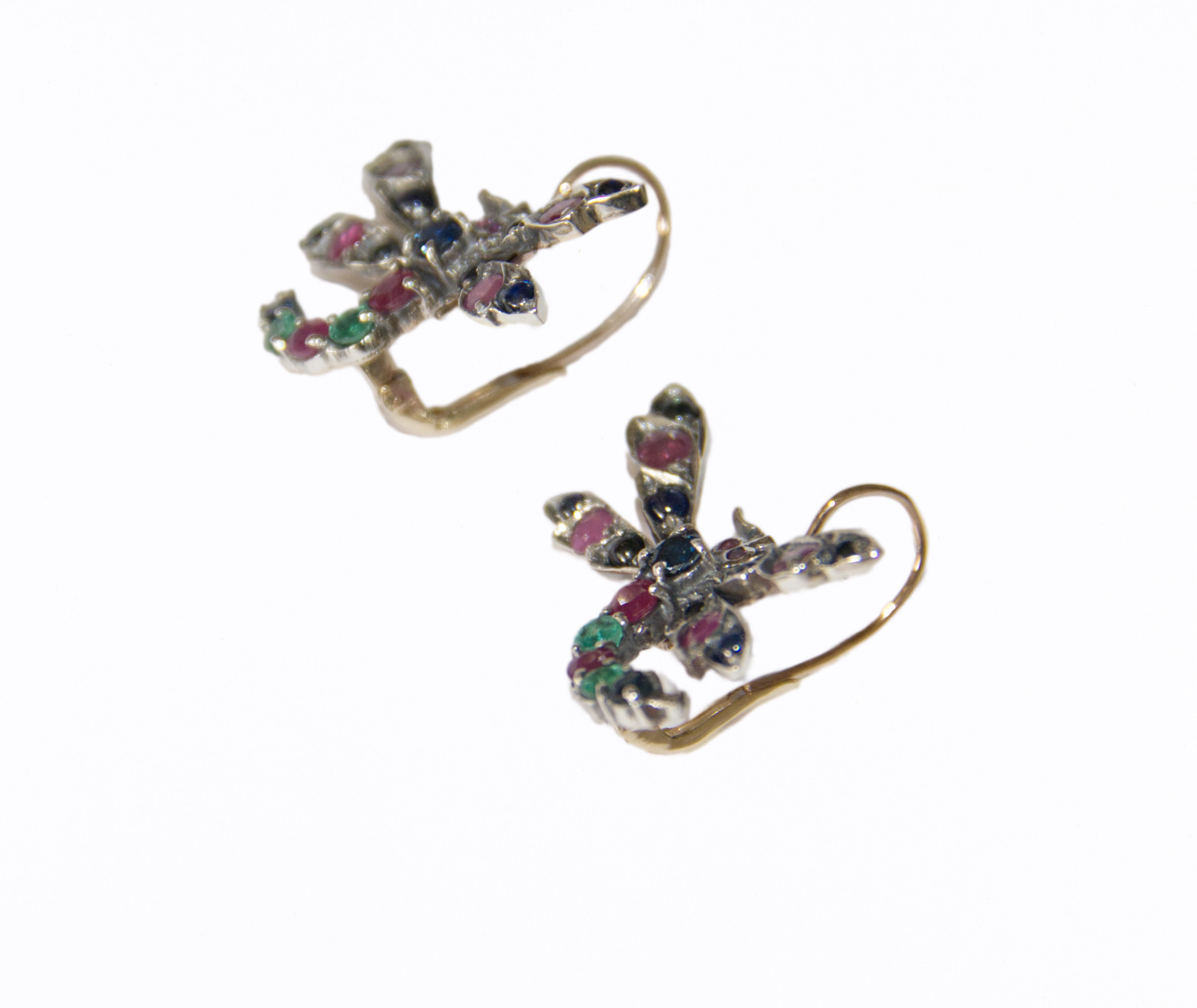 Sapphires Rubies Emeralds Yellow Gold 14 Karat Drop Earrings In Excellent Condition For Sale In Marcianise, IT